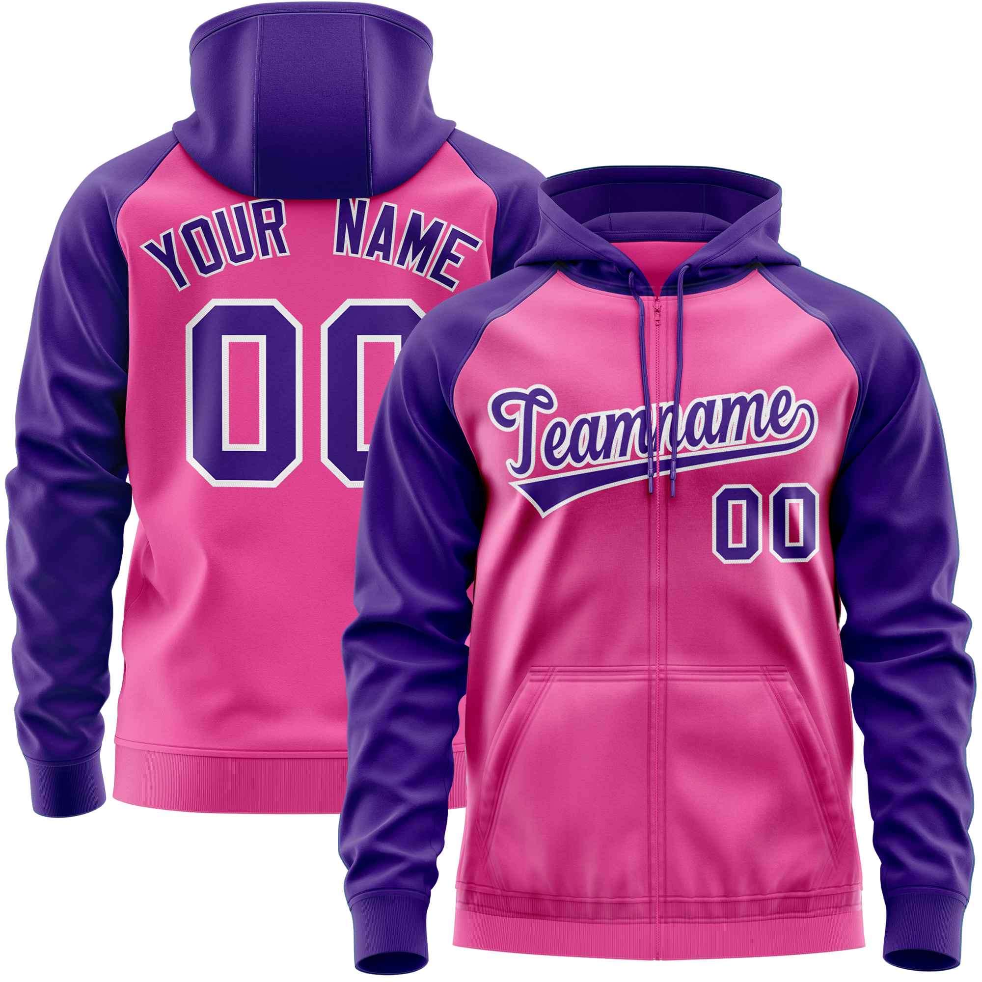 Custom Stitched Pink Purple Raglan Sleeves Sports Full-Zip Sweatshirt Hoodie| KXKSHOP