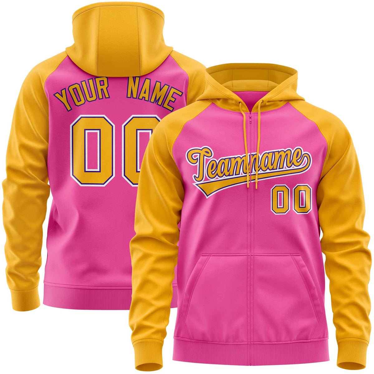 Custom Stitched Pink Gold Raglan Sleeves Sports Full-Zip Sweatshirt Hoodie| KXKSHOP