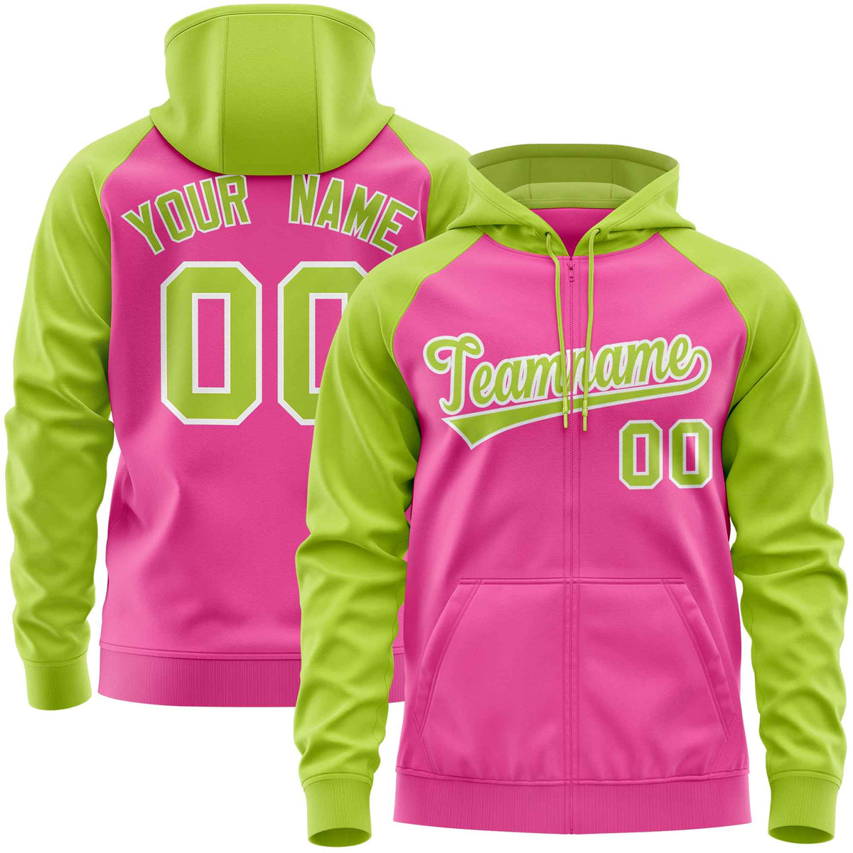 Custom Stitched Pink Neon Green Raglan Sleeves Sports Full-Zip Sweatshirt Hoodie| KXKSHOP