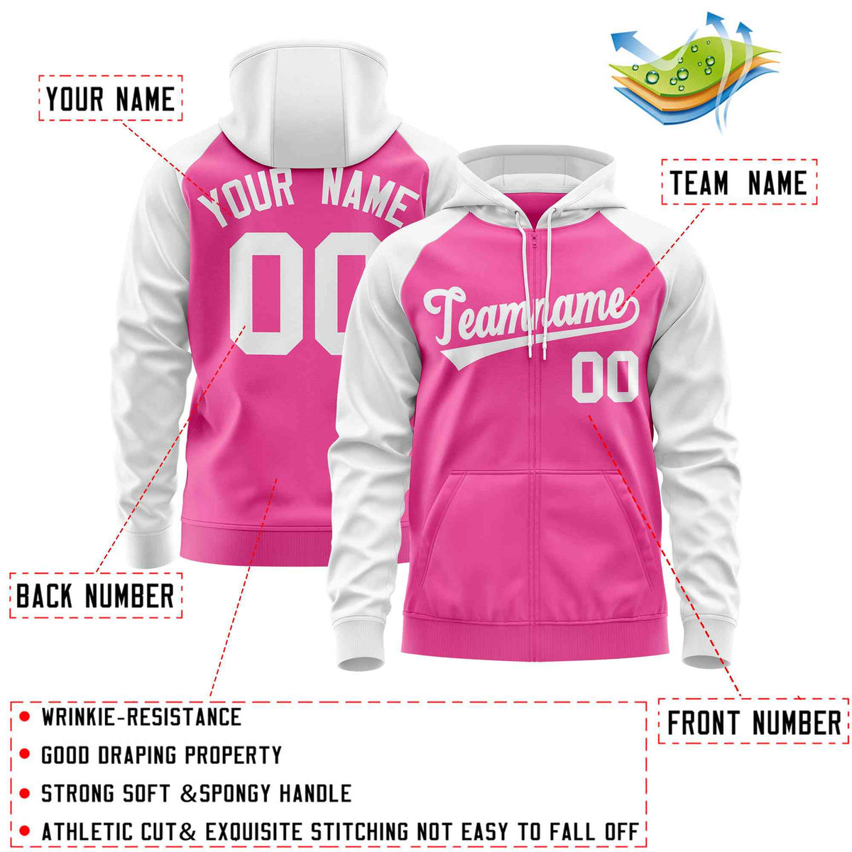 Custom Stitched Pink White Raglan Sleeves Sports Full-Zip Sweatshirt Hoodie| KXKSHOP