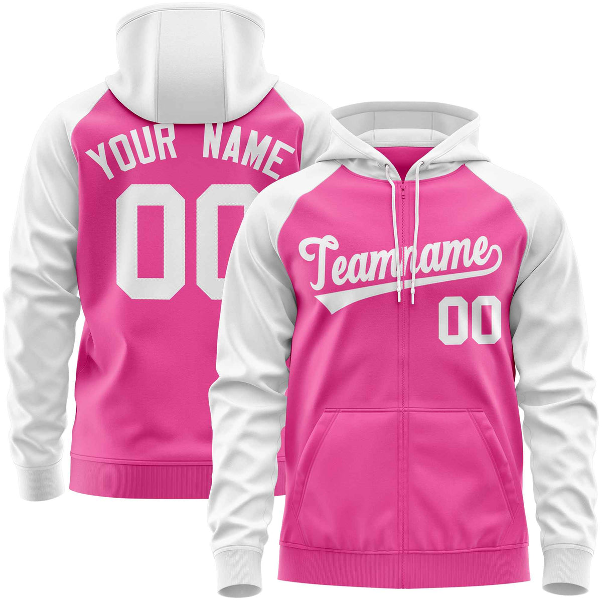 Custom Stitched Pink White Raglan Sleeves Sports Full-Zip Sweatshirt Hoodie| KXKSHOP