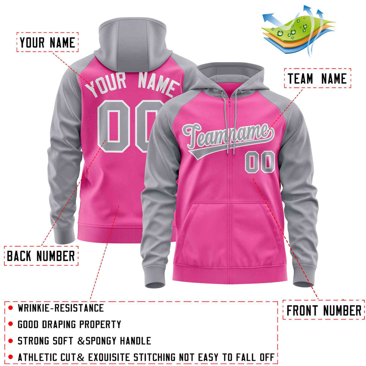 Custom Stitched Pink Light Gray Raglan Sleeves Sports Full-Zip Sweatshirt Hoodie| KXKSHOP