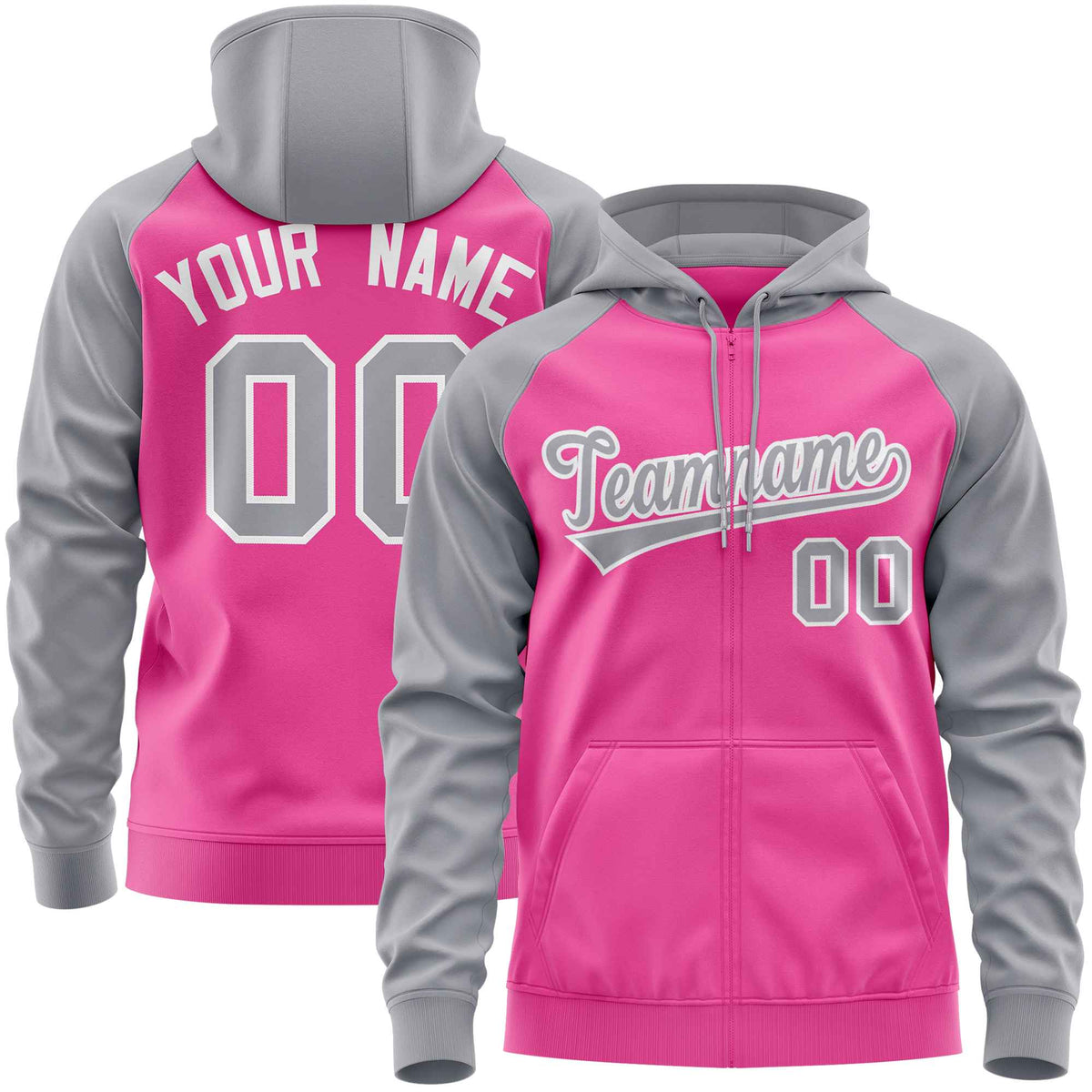 Custom Stitched Pink Light Gray Raglan Sleeves Sports Full-Zip Sweatshirt Hoodie| KXKSHOP