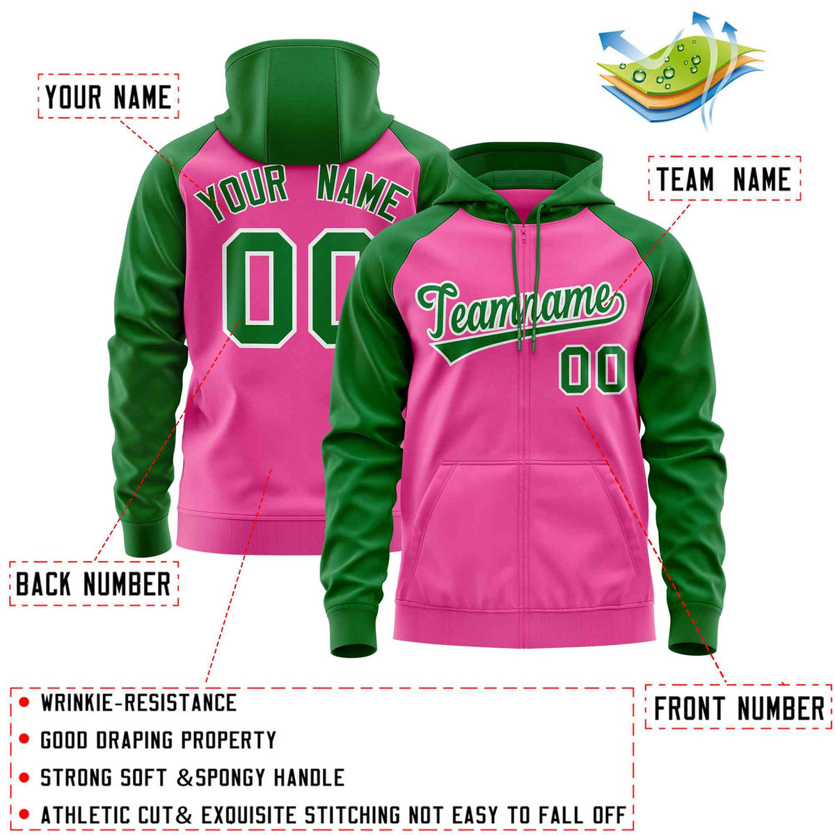 Custom Stitched Pink Kelly Green Raglan Sleeves Sports Full-Zip Sweatshirt Hoodie| KXKSHOP
