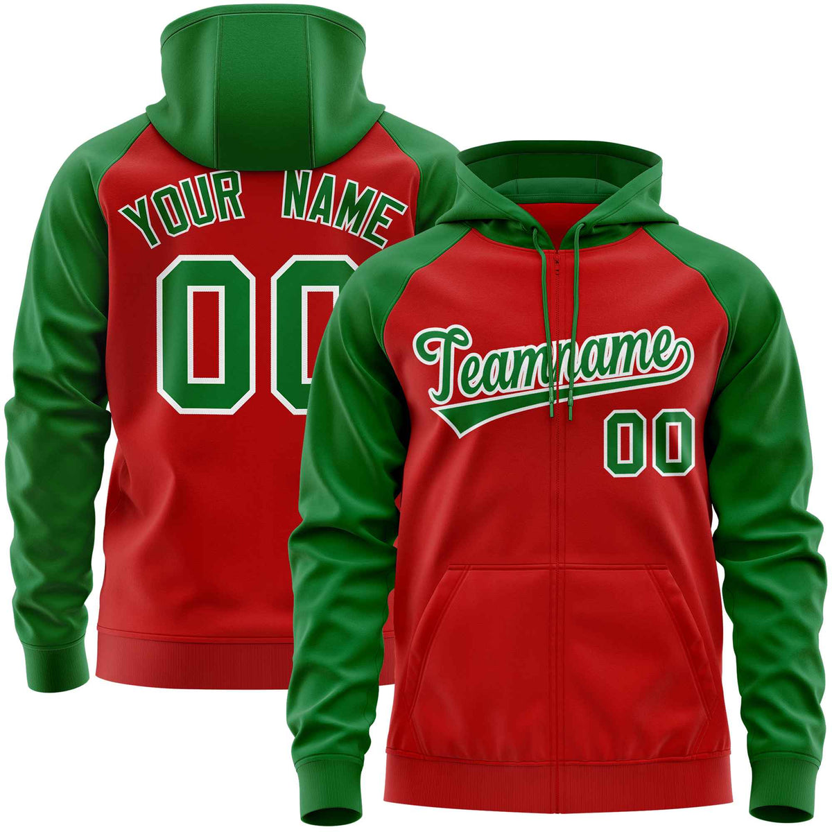 Custom Stitched Red Kelly Green Raglan Sleeves Sports Full-Zip Sweatshirt Hoodie| KXKSHOP