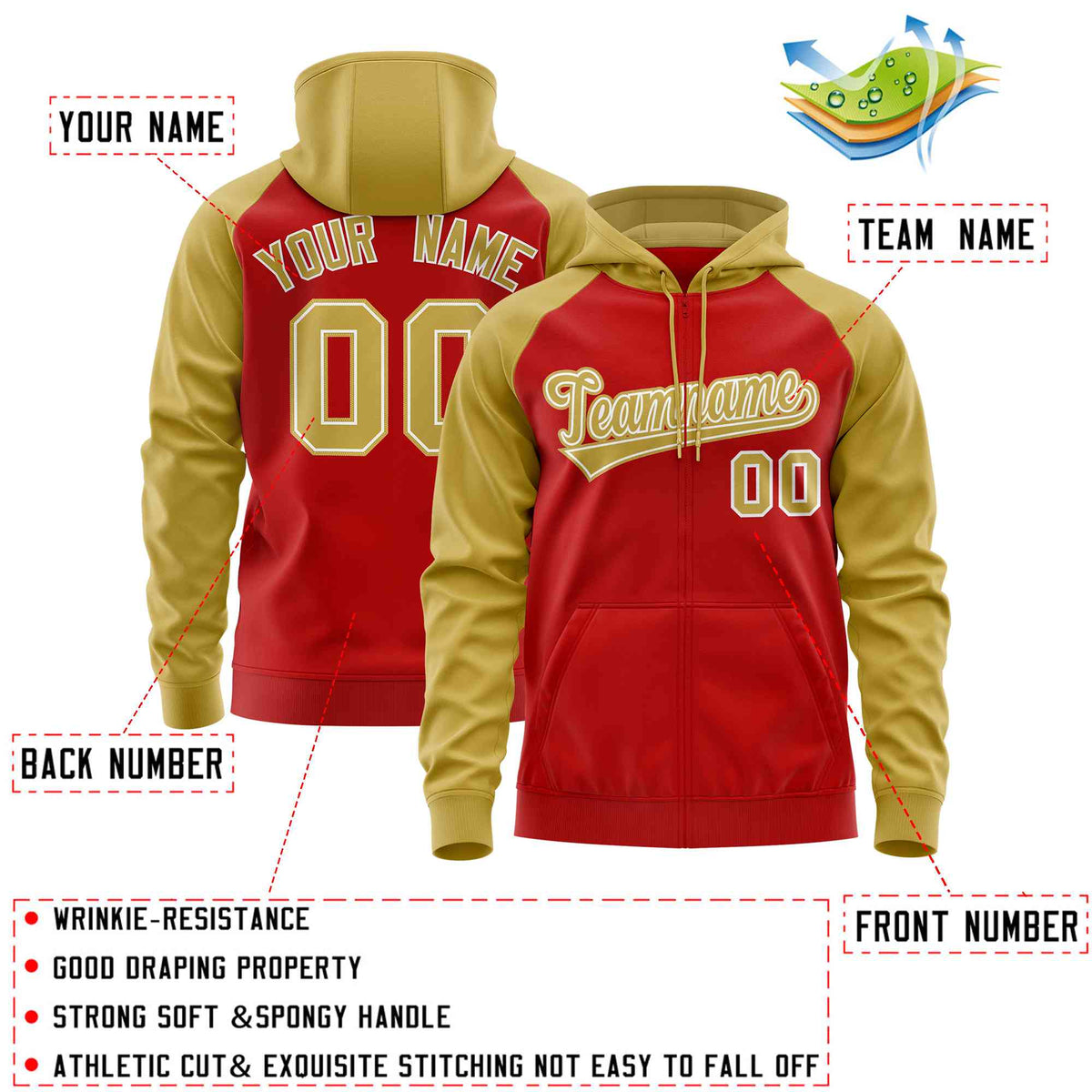 Custom Stitched Red Old Gold Raglan Sleeves Sports Full-Zip Sweatshirt Hoodie| KXKSHOP