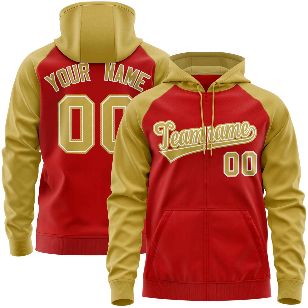 Custom Stitched Red Old Gold Raglan Sleeves Sports Full-Zip Sweatshirt Hoodie| KXKSHOP