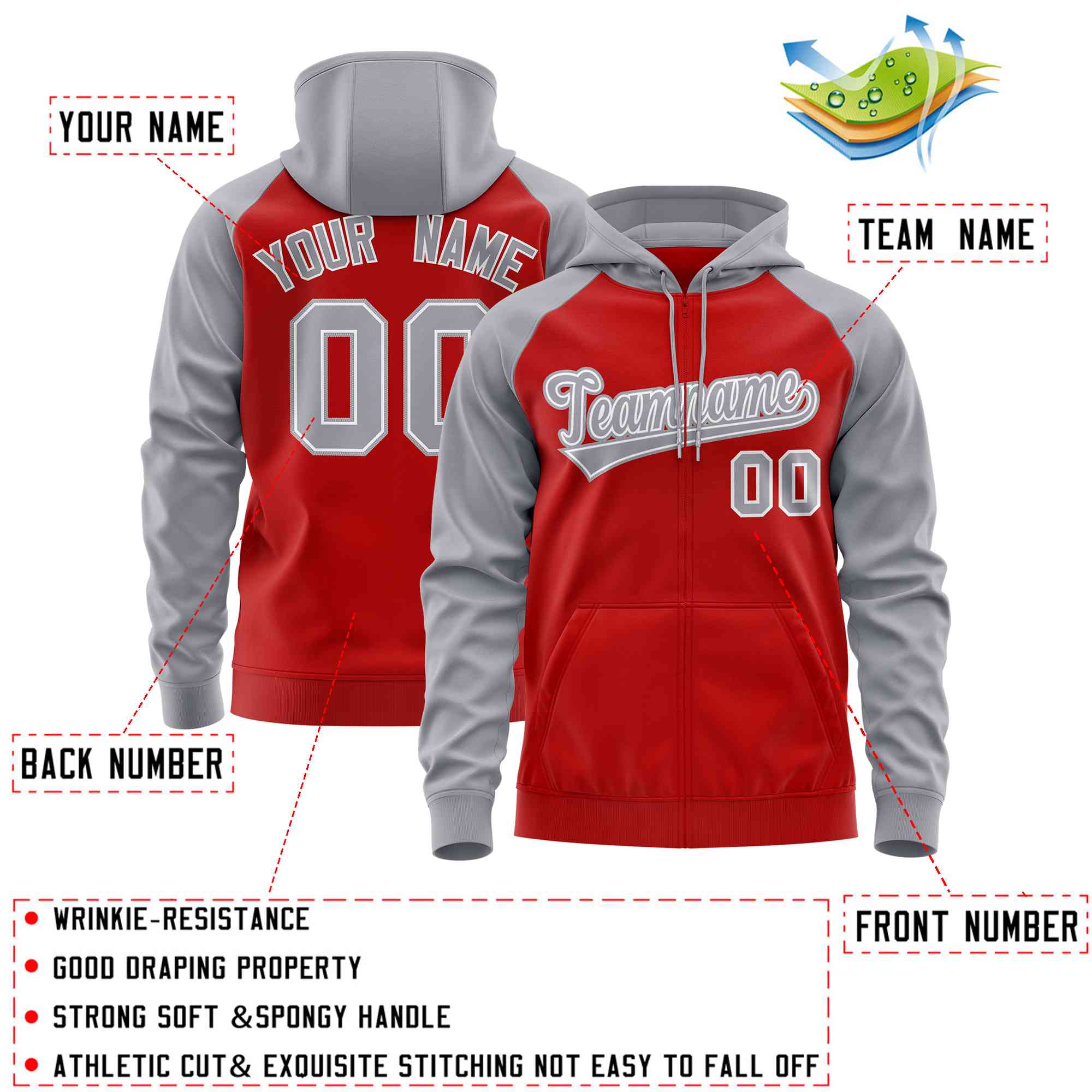 Custom Stitched Red Light Gray Raglan Sleeves Sports Full-Zip Sweatshirt Hoodie| KXKSHOP