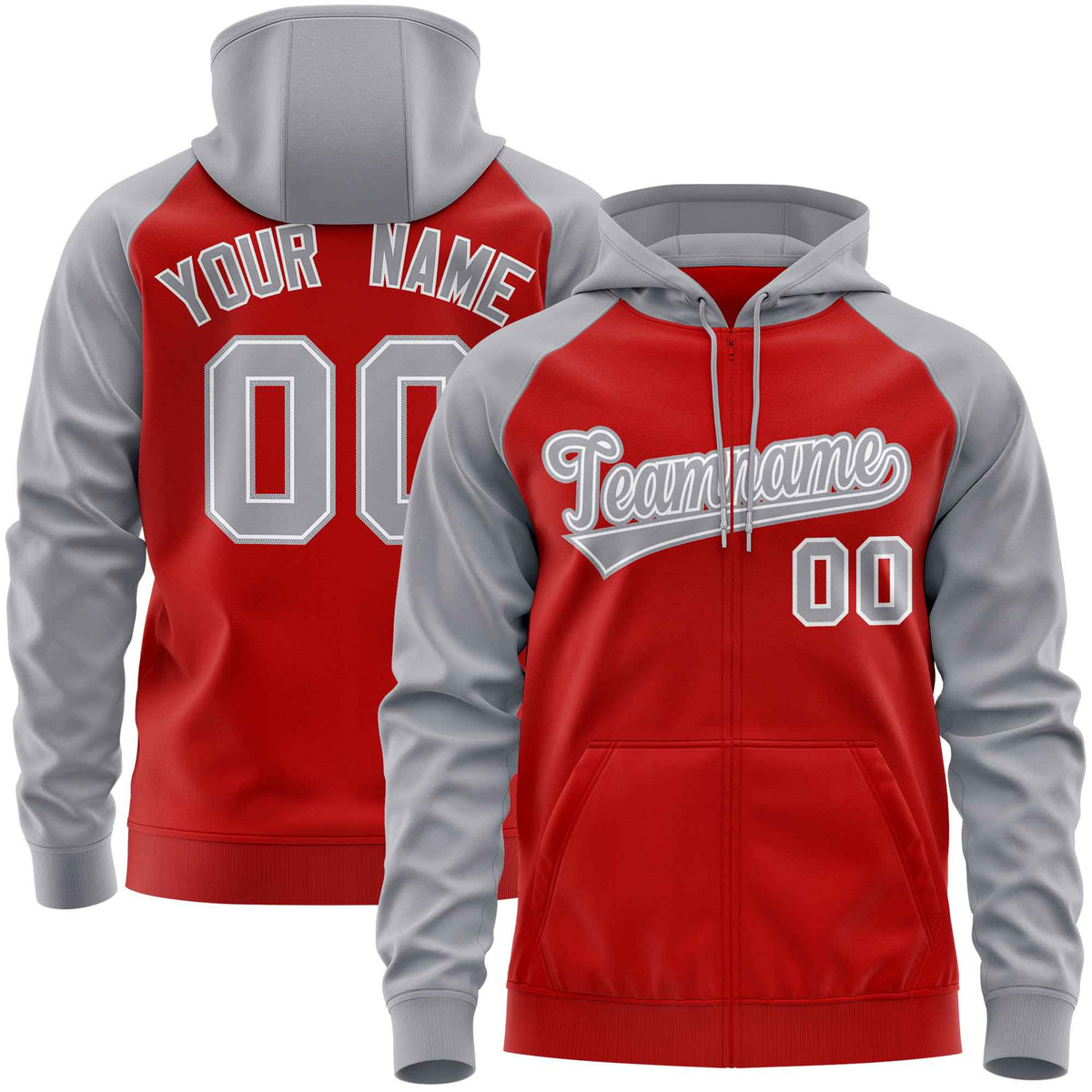 Custom Stitched Red Light Gray Raglan Sleeves Sports Full-Zip Sweatshirt Hoodie| KXKSHOP