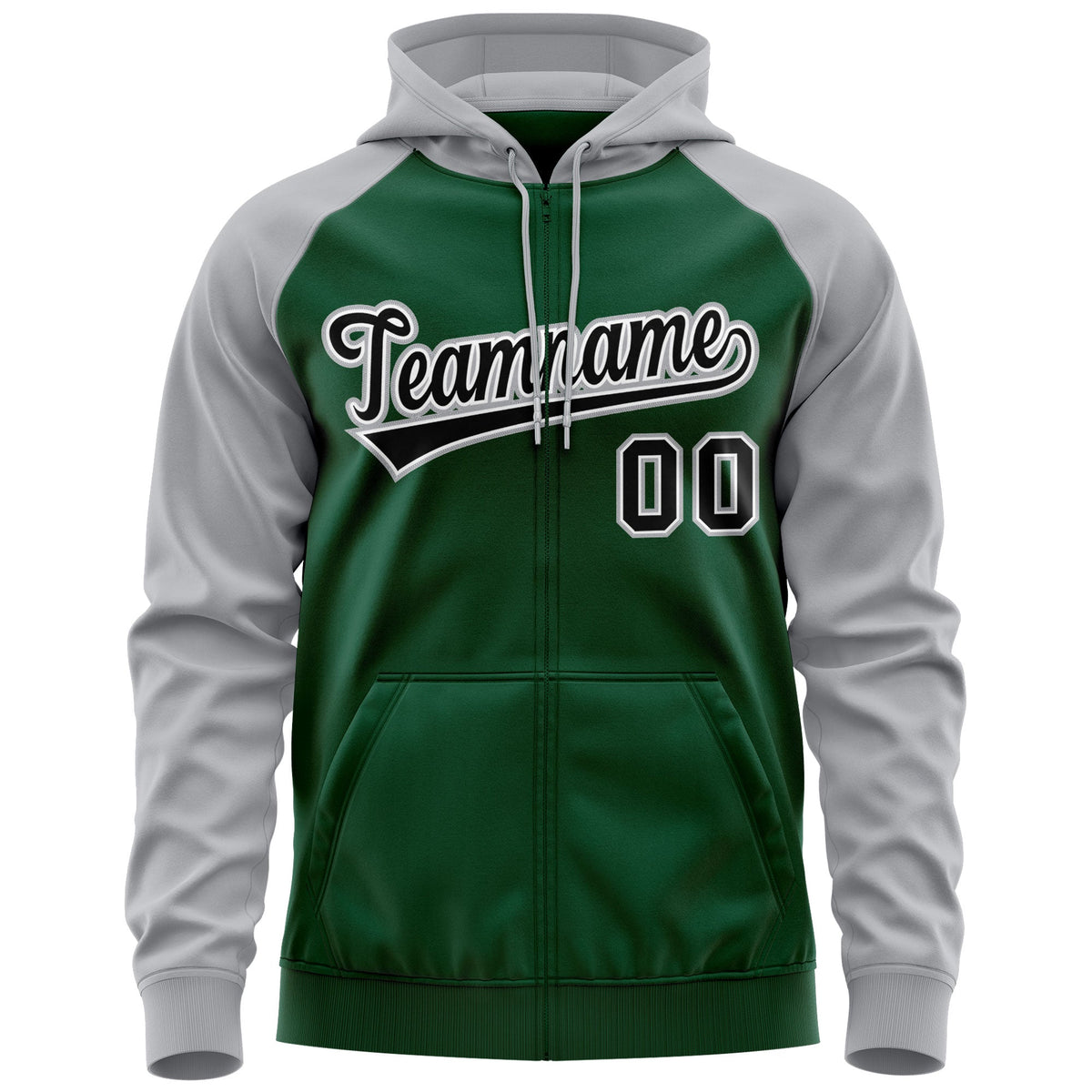 Custom Stitched Green Black-Gray Raglan Sleeves Sports Full-Zip Sweatshirt Hoodie| KXKSHOP