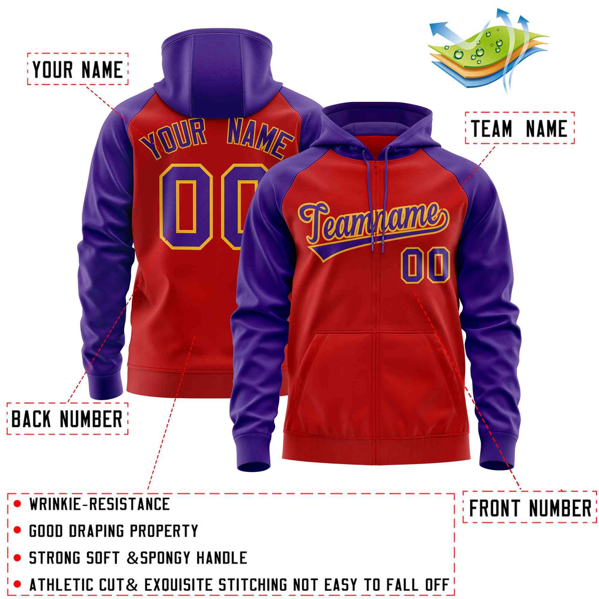 Custom Stitched Red Purple Raglan Sleeves Sports Full-Zip Sweatshirt Hoodie| KXKSHOP