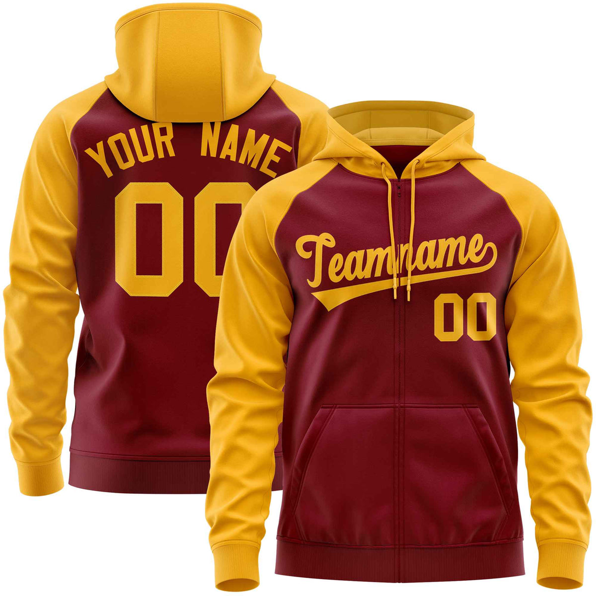 Custom Stitched Crimson Gold Raglan Sleeves Sports Full-Zip Sweatshirt Hoodie| KXKSHOP