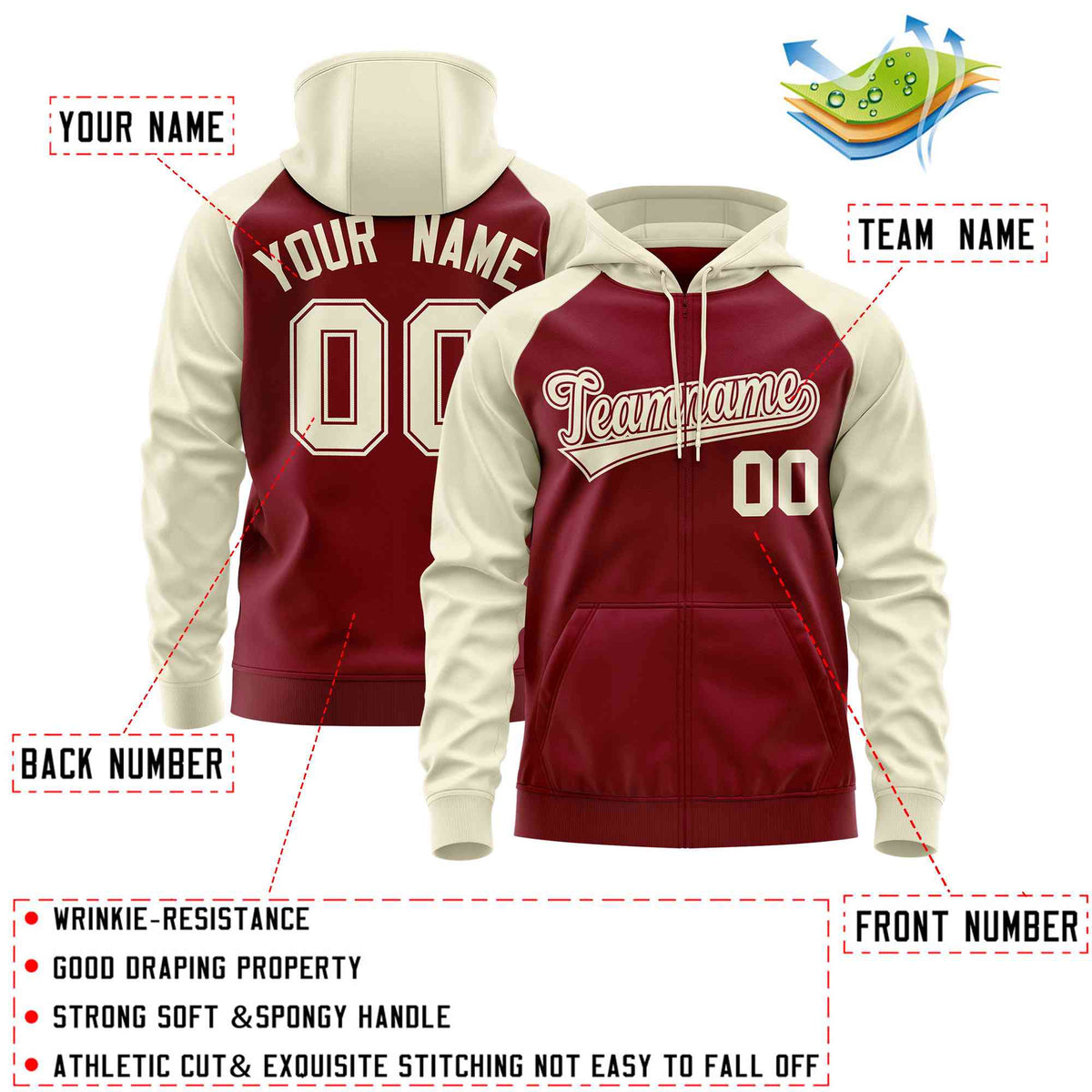 Custom Stitched Crimson Cream Raglan Sleeves Sports Full-Zip Sweatshirt Hoodie| KXKSHOP