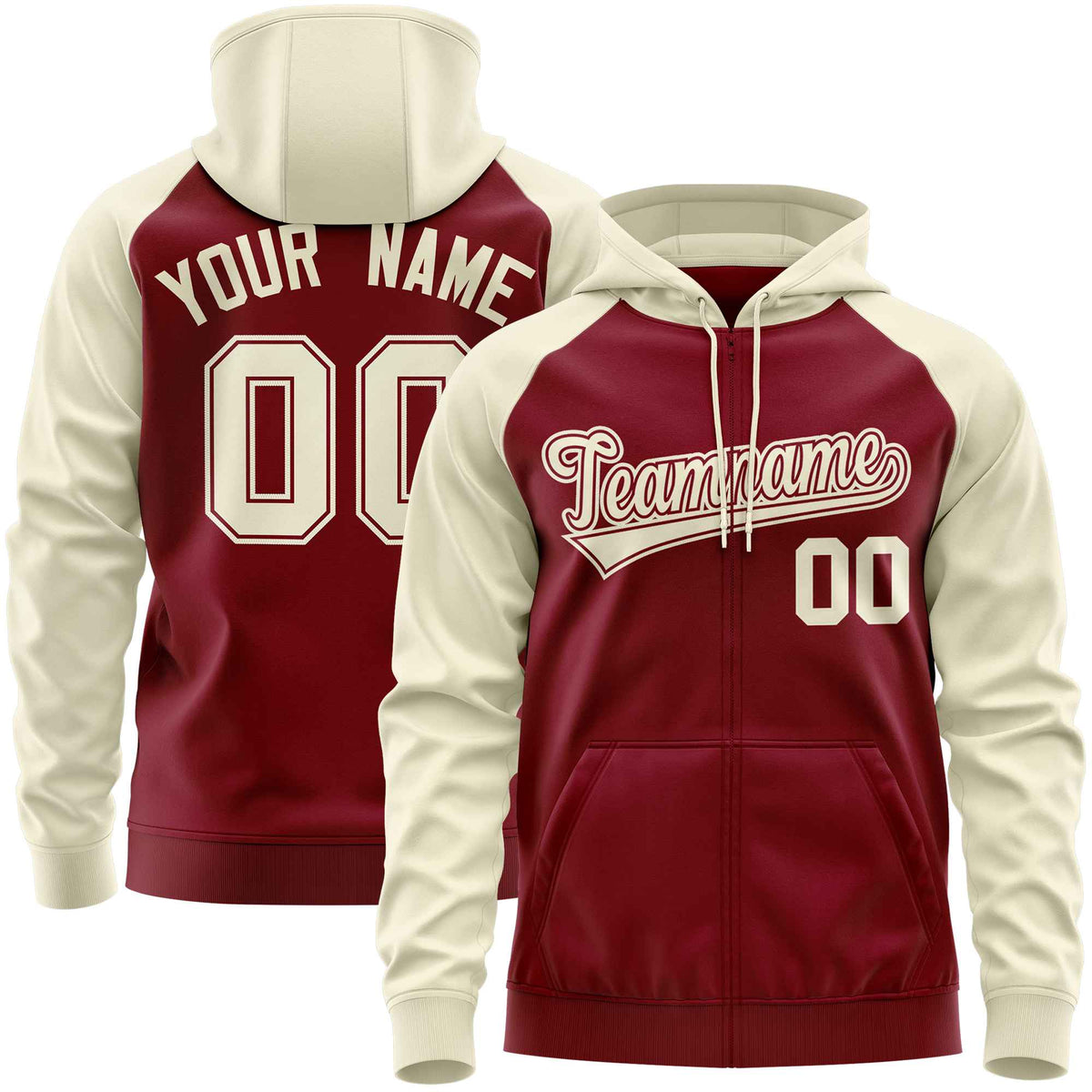 Custom Stitched Crimson Cream Raglan Sleeves Sports Full-Zip Sweatshirt Hoodie| KXKSHOP