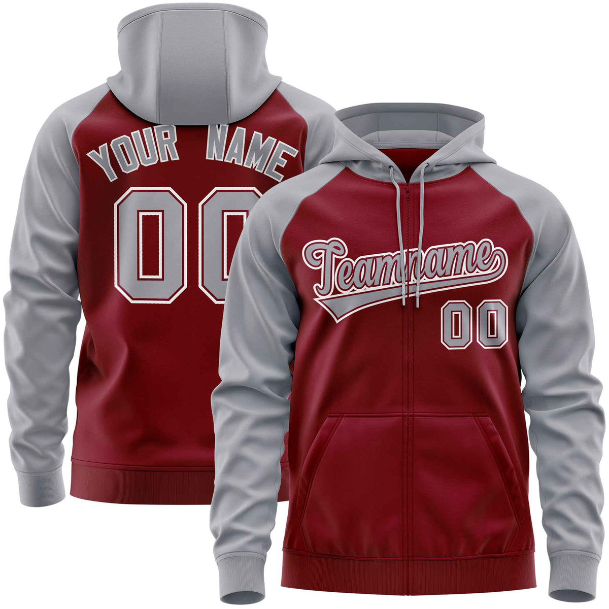 Custom Stitched Crimson Light Gray Raglan Sleeves Sports Full-Zip Sweatshirt Hoodie| KXKSHOP