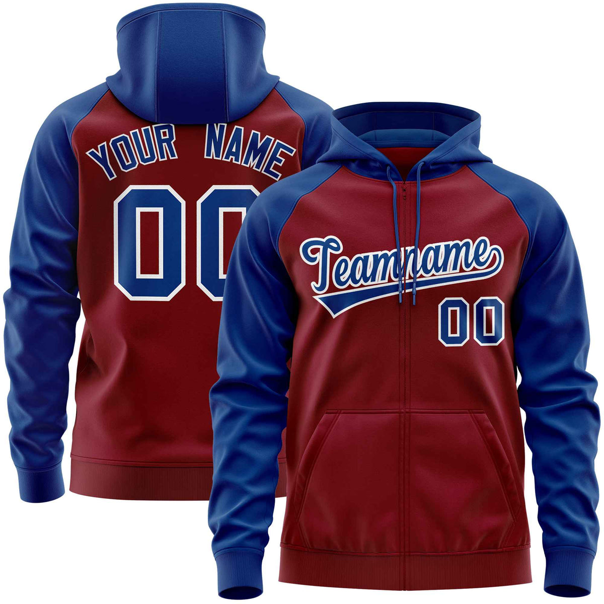 Custom Stitched Crimson Royal Raglan Sleeves Sports Full-Zip Sweatshirt Hoodie| KXKSHOP
