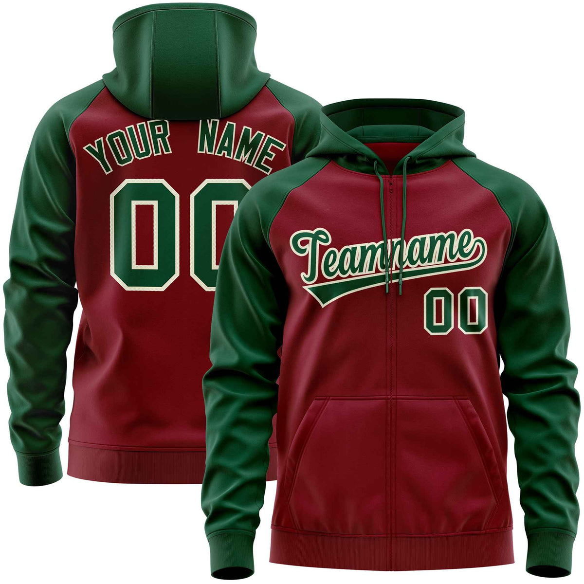 Custom Stitched Crimson Green Raglan Sleeves Sports Full-Zip Sweatshirt Hoodie| KXKSHOP