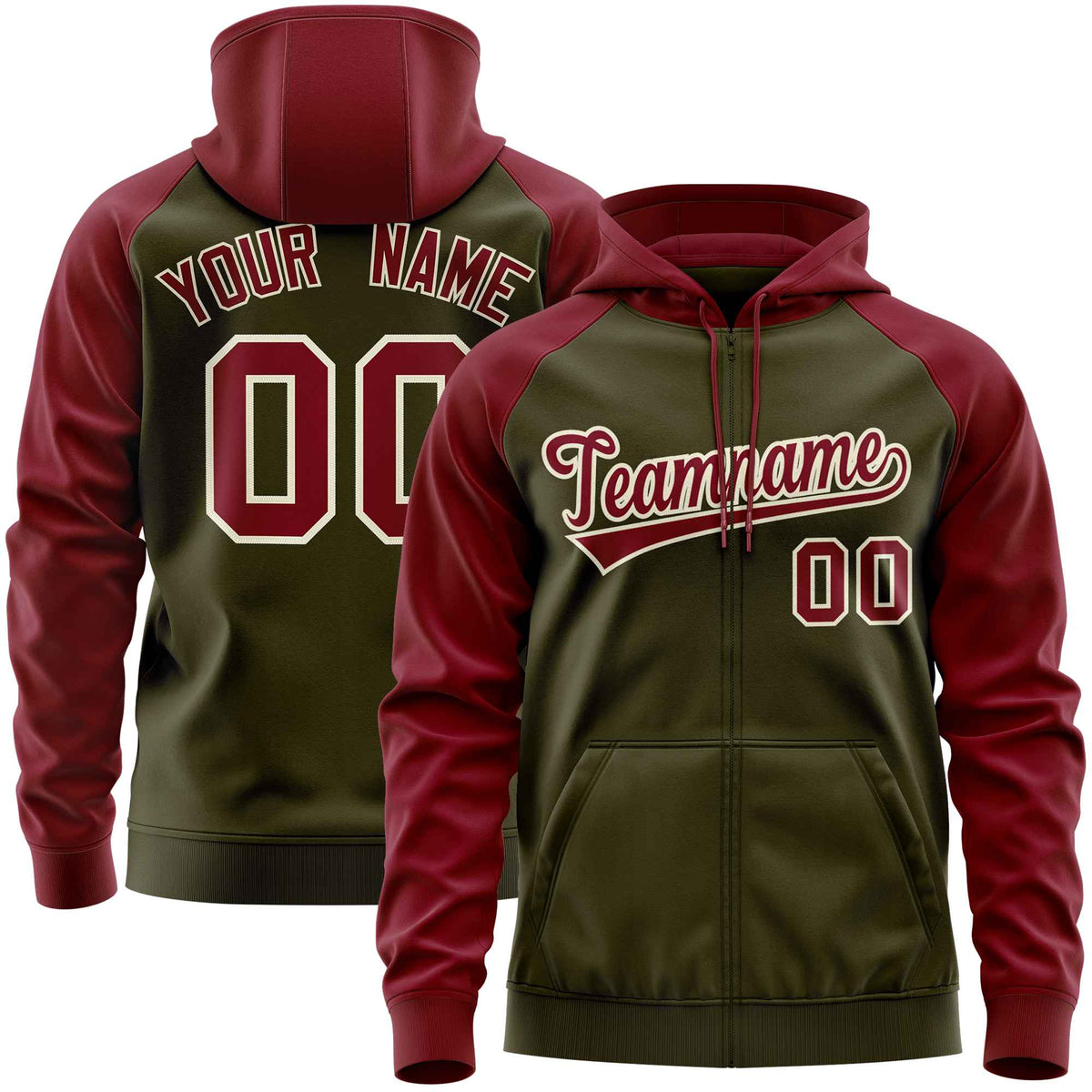 Custom Stitched Olive Crimson Raglan Sleeves Sports Full-Zip Sweatshirt Hoodie| KXKSHOP