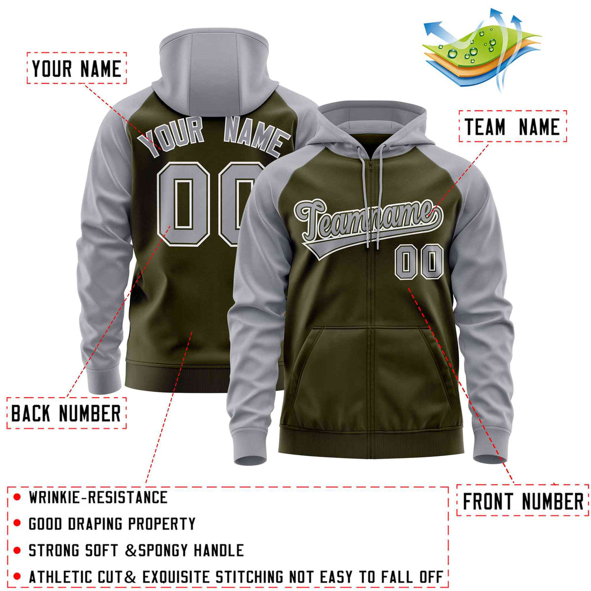 Custom Stitched Olive Light Gray Raglan Sleeves Sports Full-Zip Sweatshirt Hoodie| KXKSHOP
