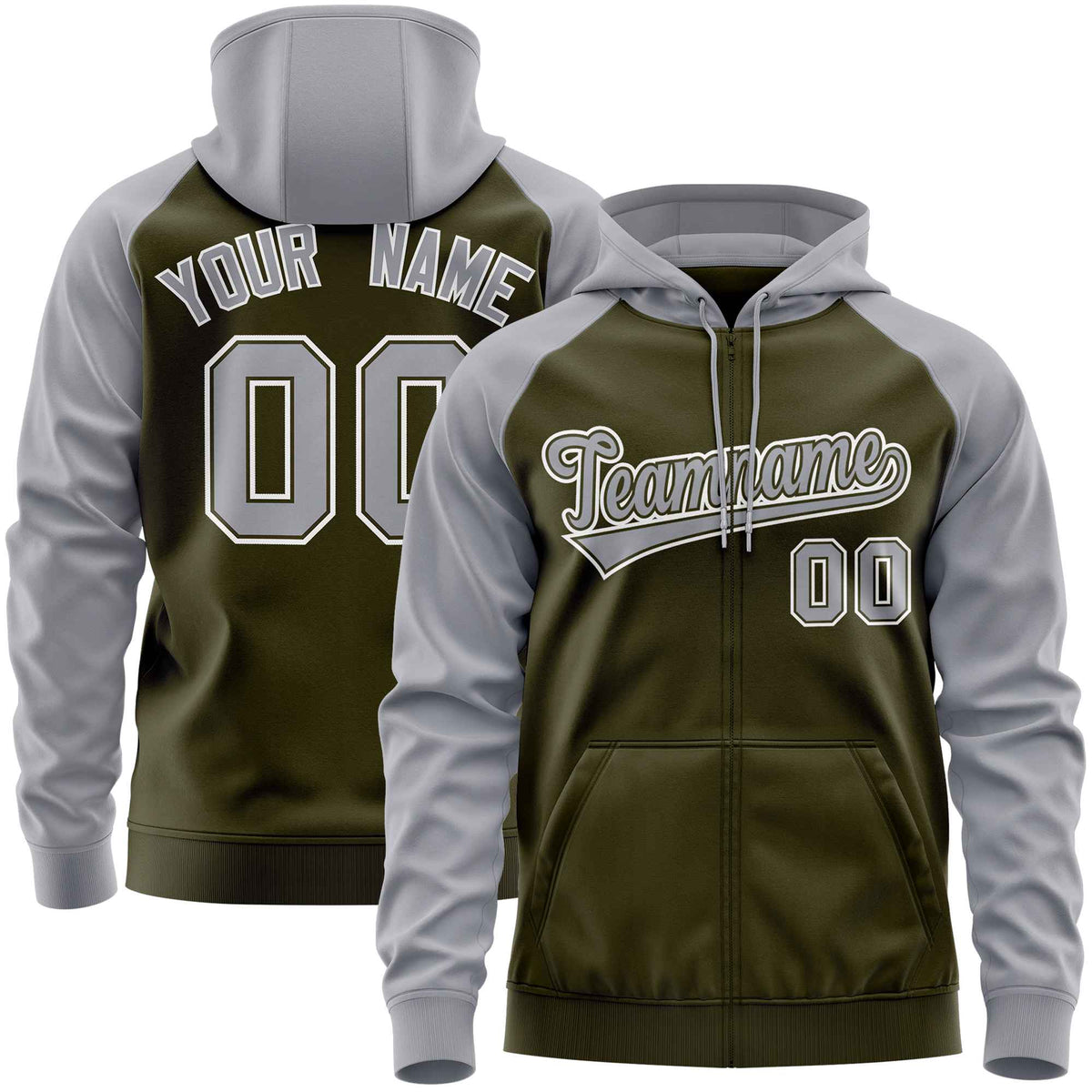 Custom Stitched Olive Light Gray Raglan Sleeves Sports Full-Zip Sweatshirt Hoodie| KXKSHOP