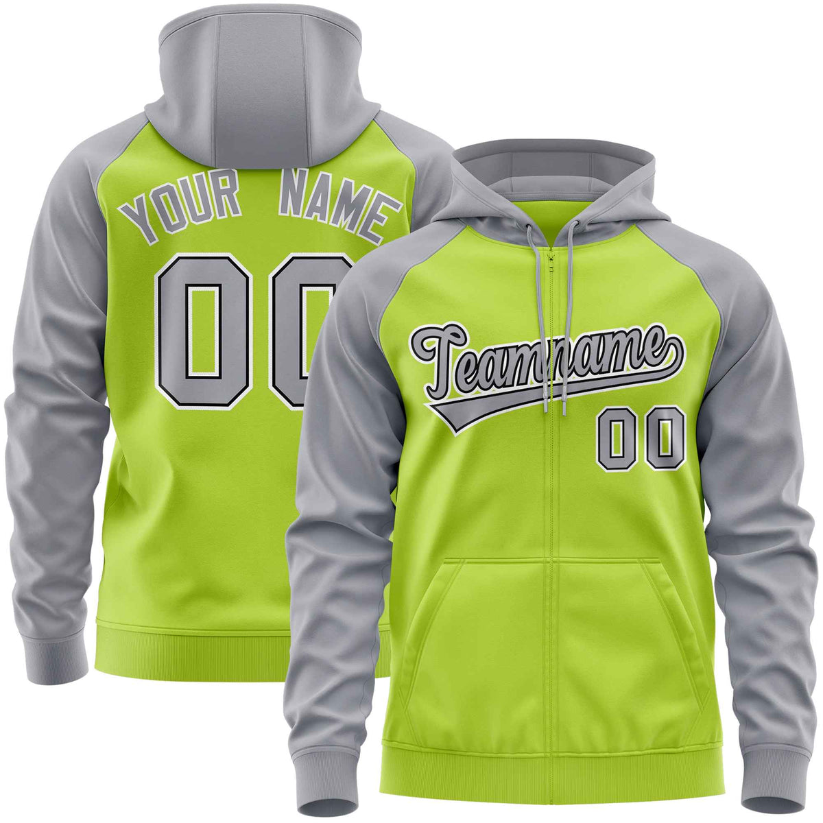 Custom Stitched Neon Green Light Gray Raglan Sleeves Sports Full-Zip Sweatshirt Hoodie| KXKSHOP