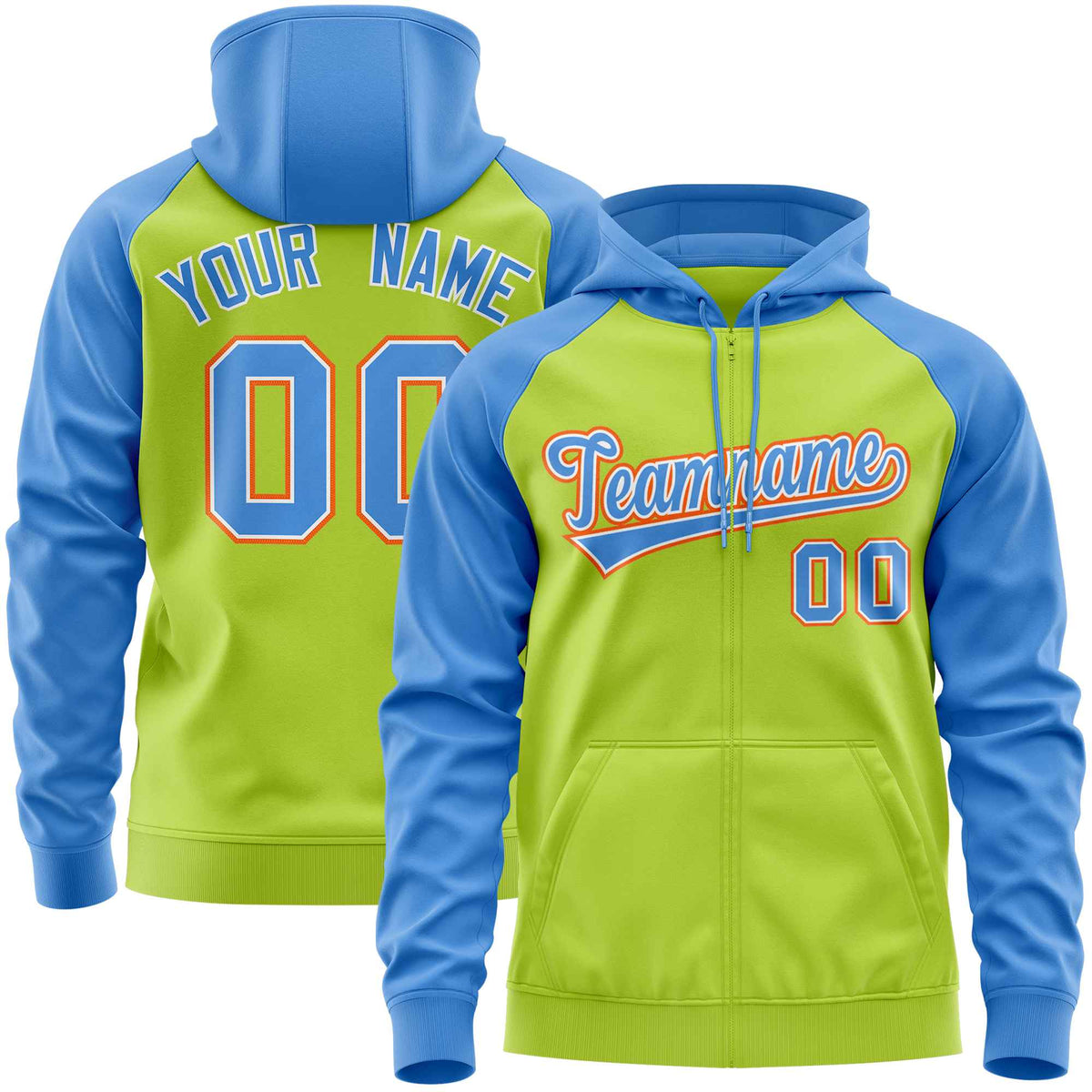 Custom Stitched Neon Green Powder Blue Raglan Sleeves Sports Full-Zip Sweatshirt Hoodie| KXKSHOP