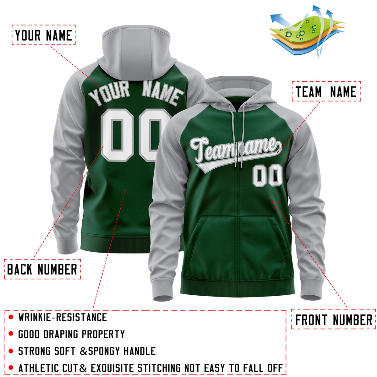 Custom Stitched Green White-Gray Raglan Sleeves Sports Full-Zip Sweatshirt Hoodie| KXKSHOP