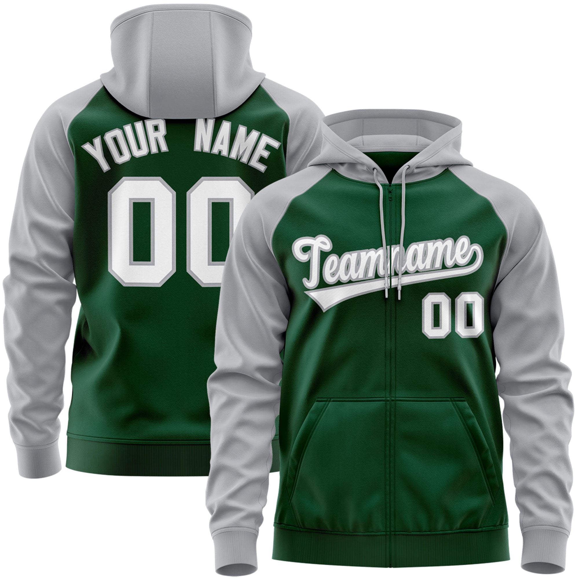 Custom Stitched Green White-Gray Raglan Sleeves Sports Full-Zip Sweatshirt Hoodie| KXKSHOP