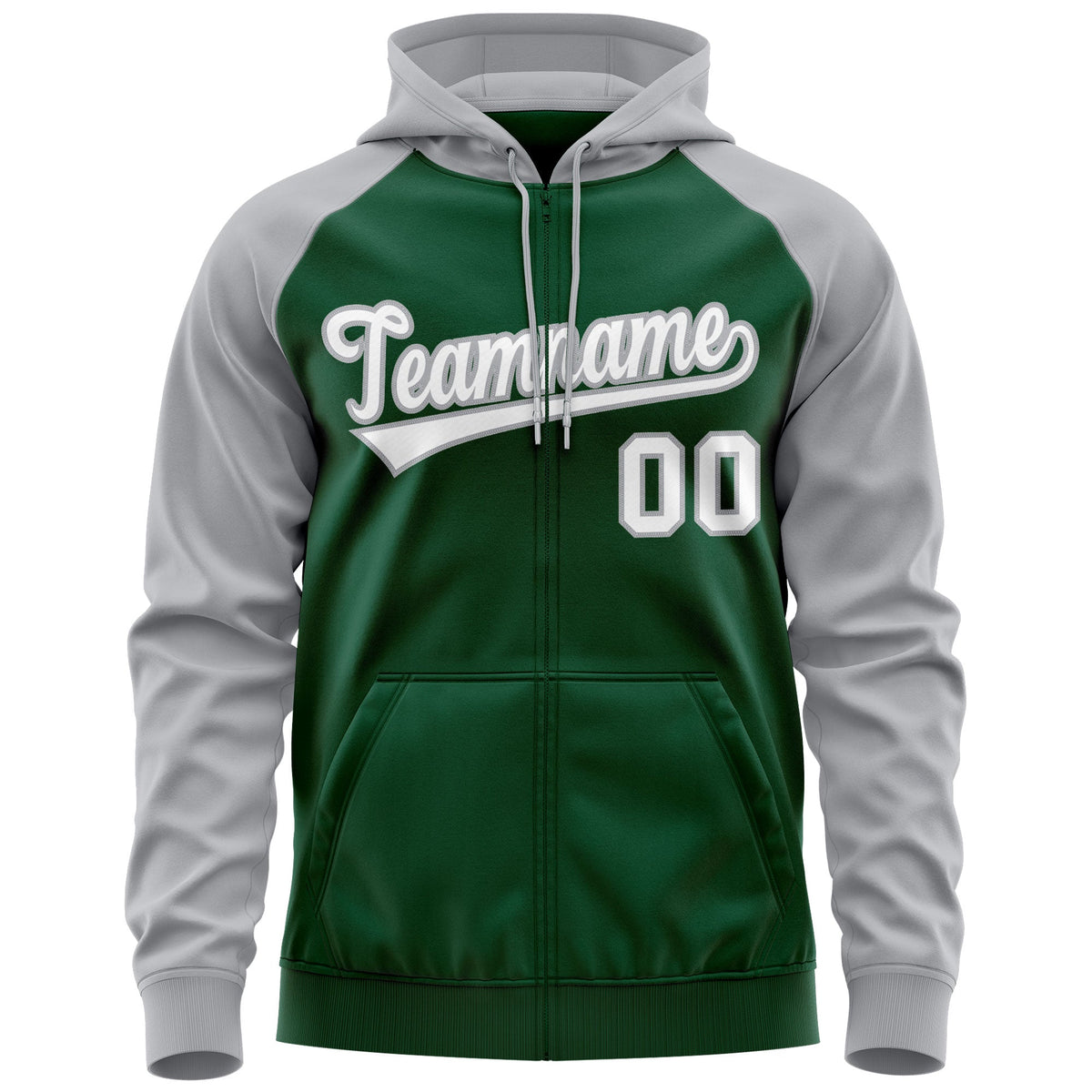 Custom Stitched Green White-Gray Raglan Sleeves Sports Full-Zip Sweatshirt Hoodie| KXKSHOP