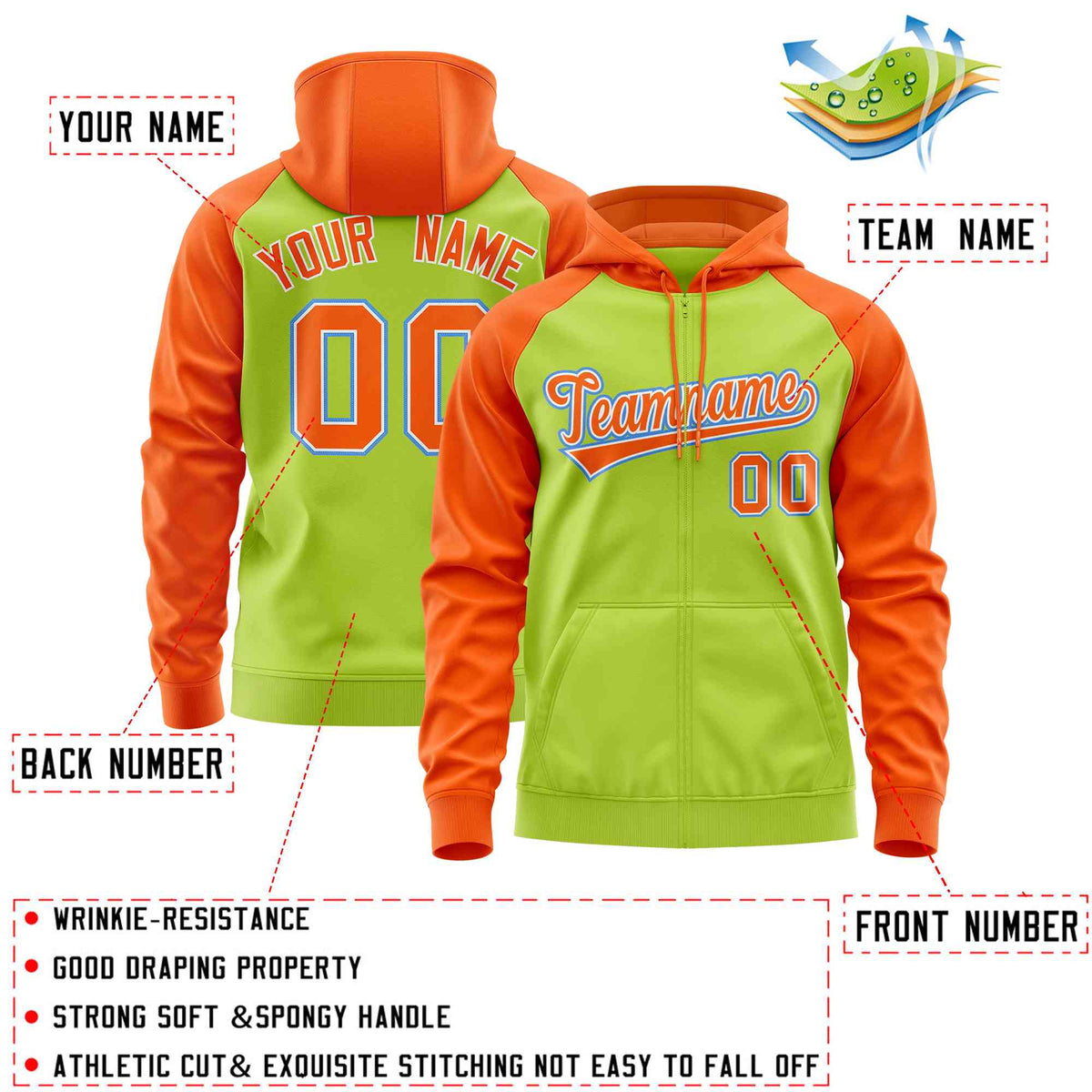 Custom Stitched Neon Green Orange Raglan Sleeves Sports Full-Zip Sweatshirt Hoodie| KXKSHOP