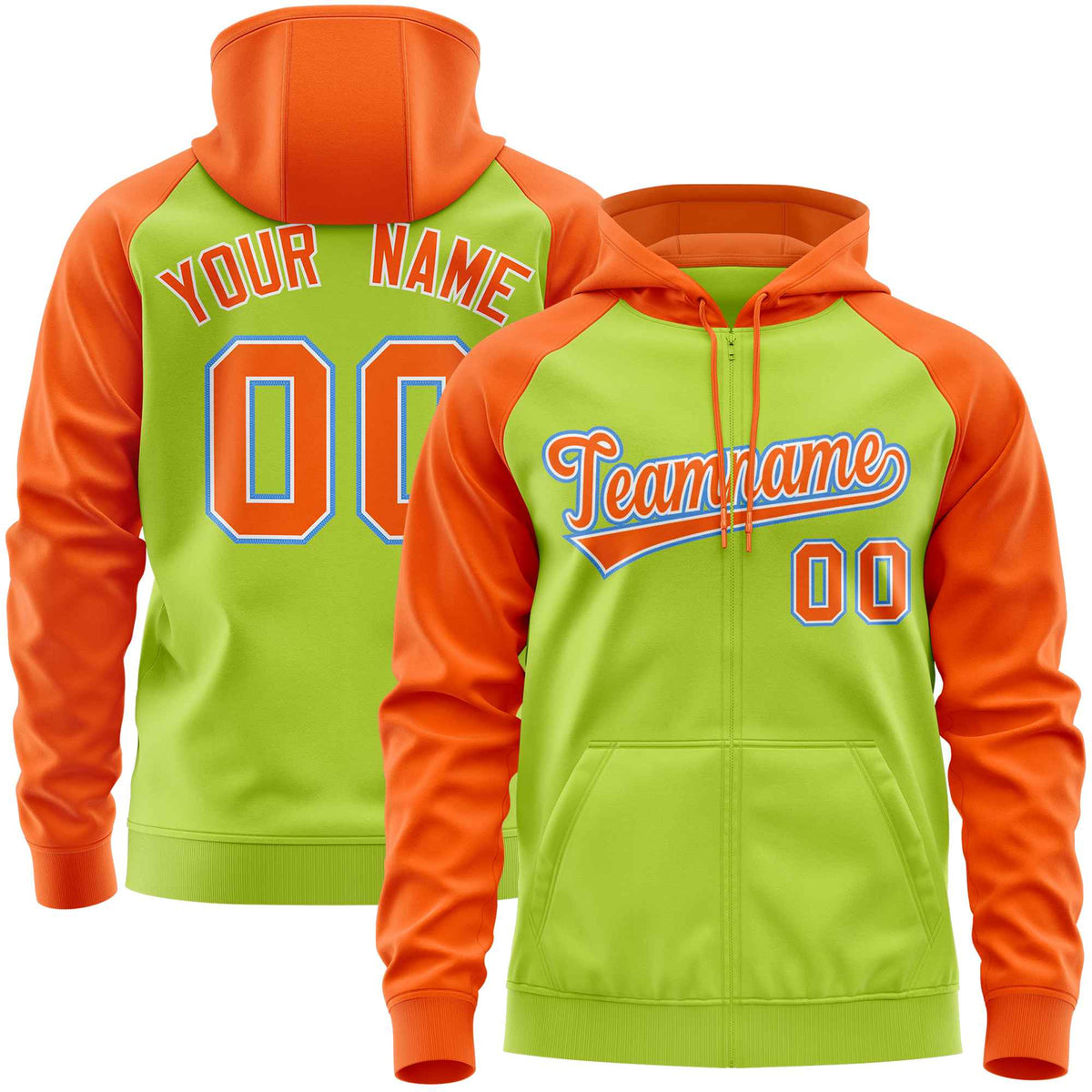 Custom Stitched Neon Green Orange Raglan Sleeves Sports Full-Zip Sweatshirt Hoodie| KXKSHOP