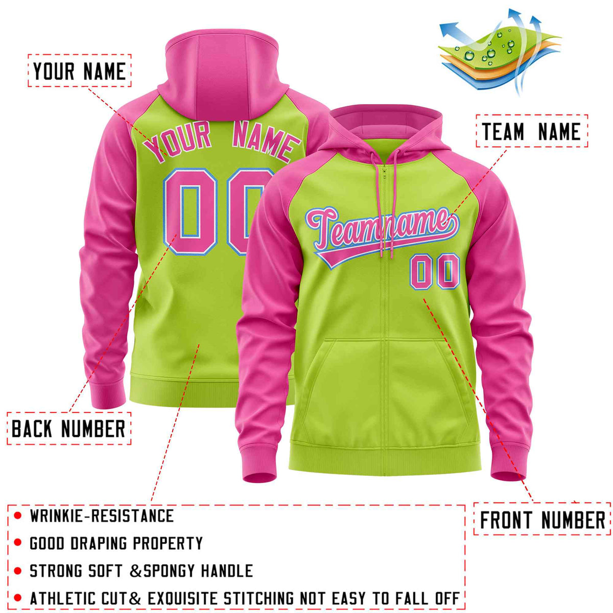 Custom Stitched Neon Green Pink Raglan Sleeves Sports Full-Zip Sweatshirt Hoodie| KXKSHOP