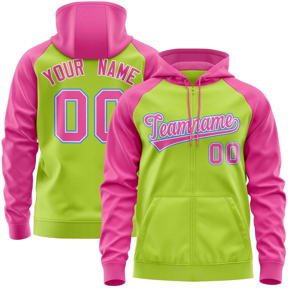 Custom Stitched Neon Green Pink Raglan Sleeves Sports Full-Zip Sweatshirt Hoodie| KXKSHOP