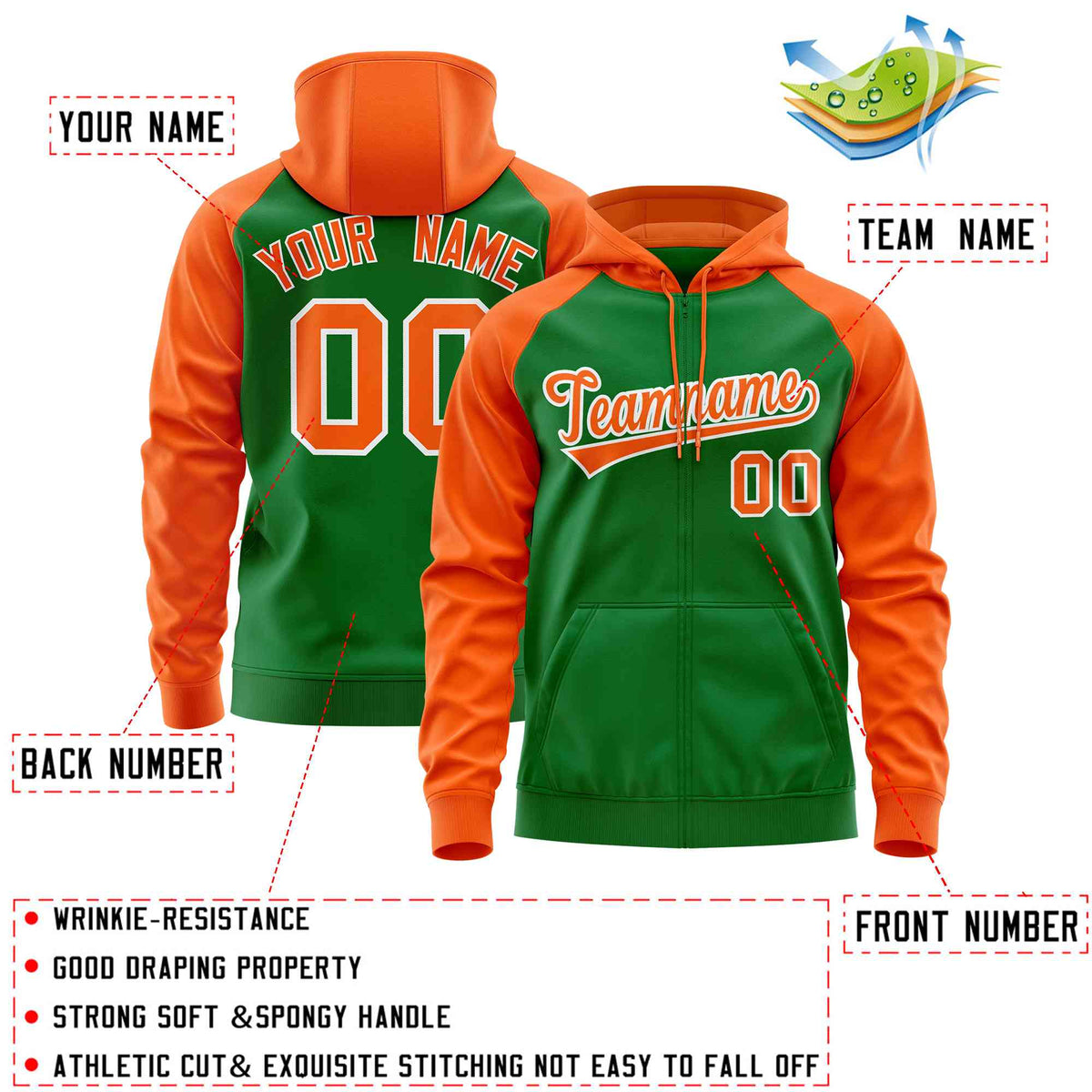 Custom Stitched Kelly Green Orange Raglan Sleeves Sports Full-Zip Sweatshirt Hoodie| KXKSHOP