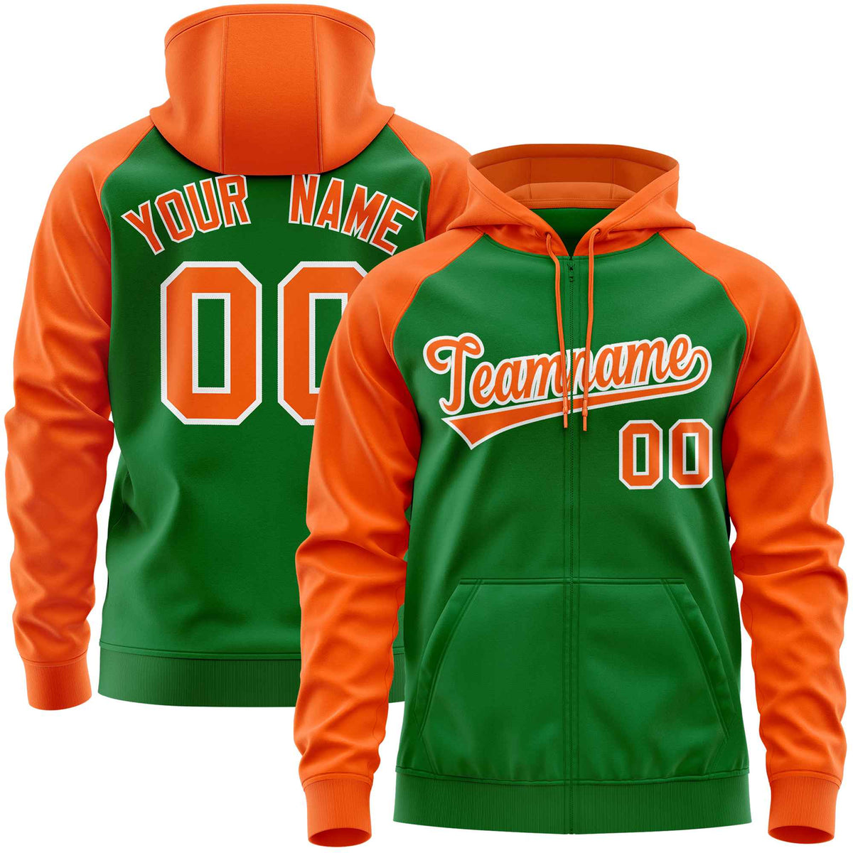 Custom Stitched Kelly Green Orange Raglan Sleeves Sports Full-Zip Sweatshirt Hoodie| KXKSHOP