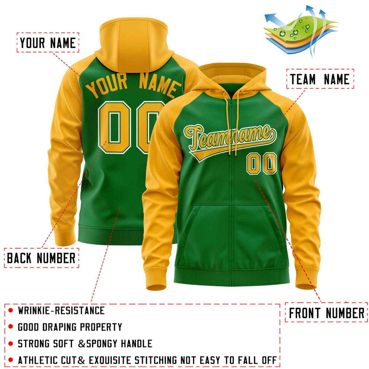 Custom Stitched Kelly Green Gold Raglan Sleeves Sports Full-Zip Sweatshirt Hoodie| KXKSHOP