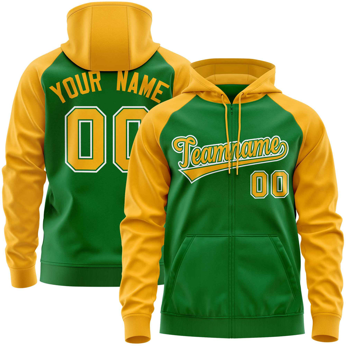 Custom Stitched Kelly Green Gold Raglan Sleeves Sports Full-Zip Sweatshirt Hoodie| KXKSHOP