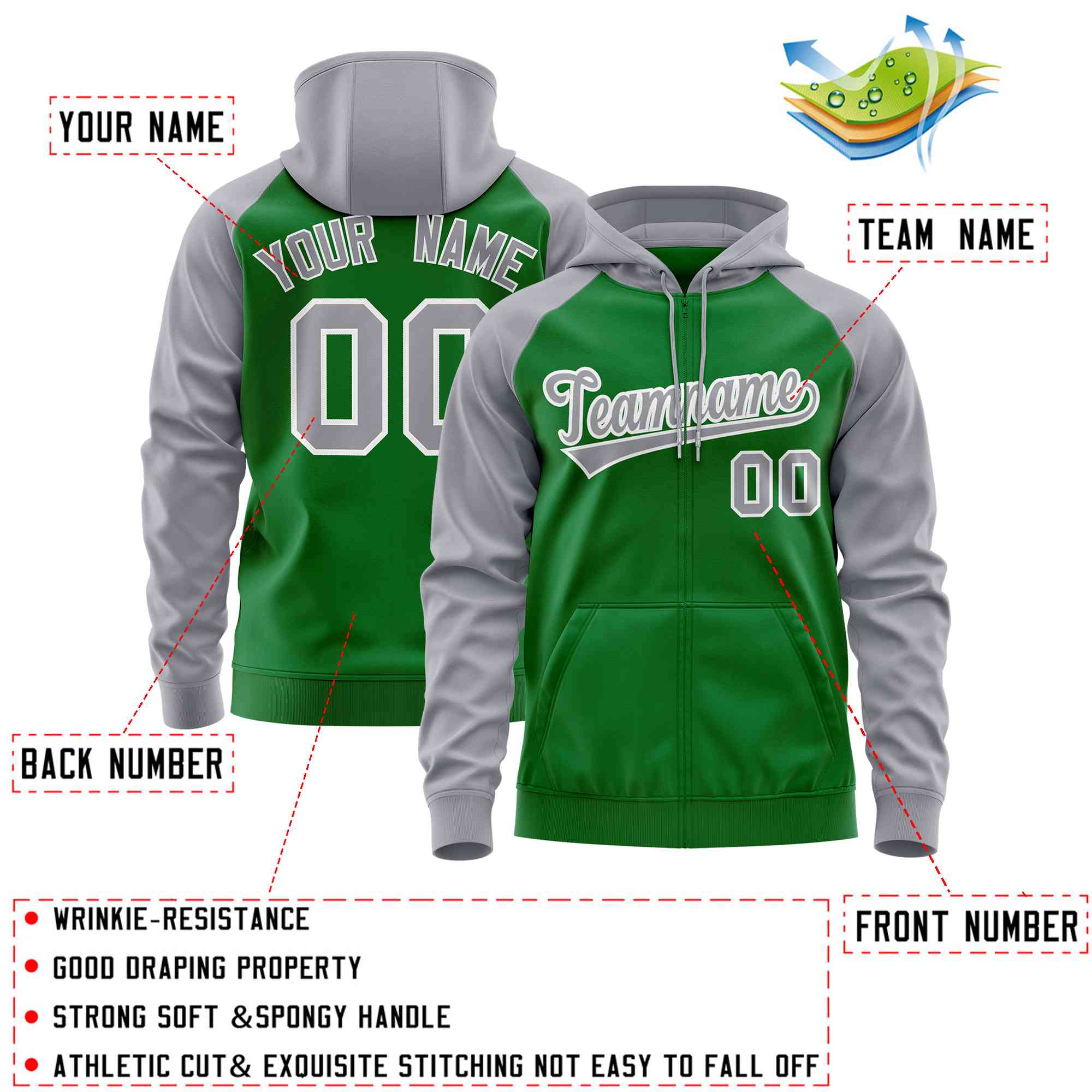 Custom Stitched Kelly Green Light Gray Raglan Sleeves Sports Full-Zip Sweatshirt Hoodie| KXKSHOP