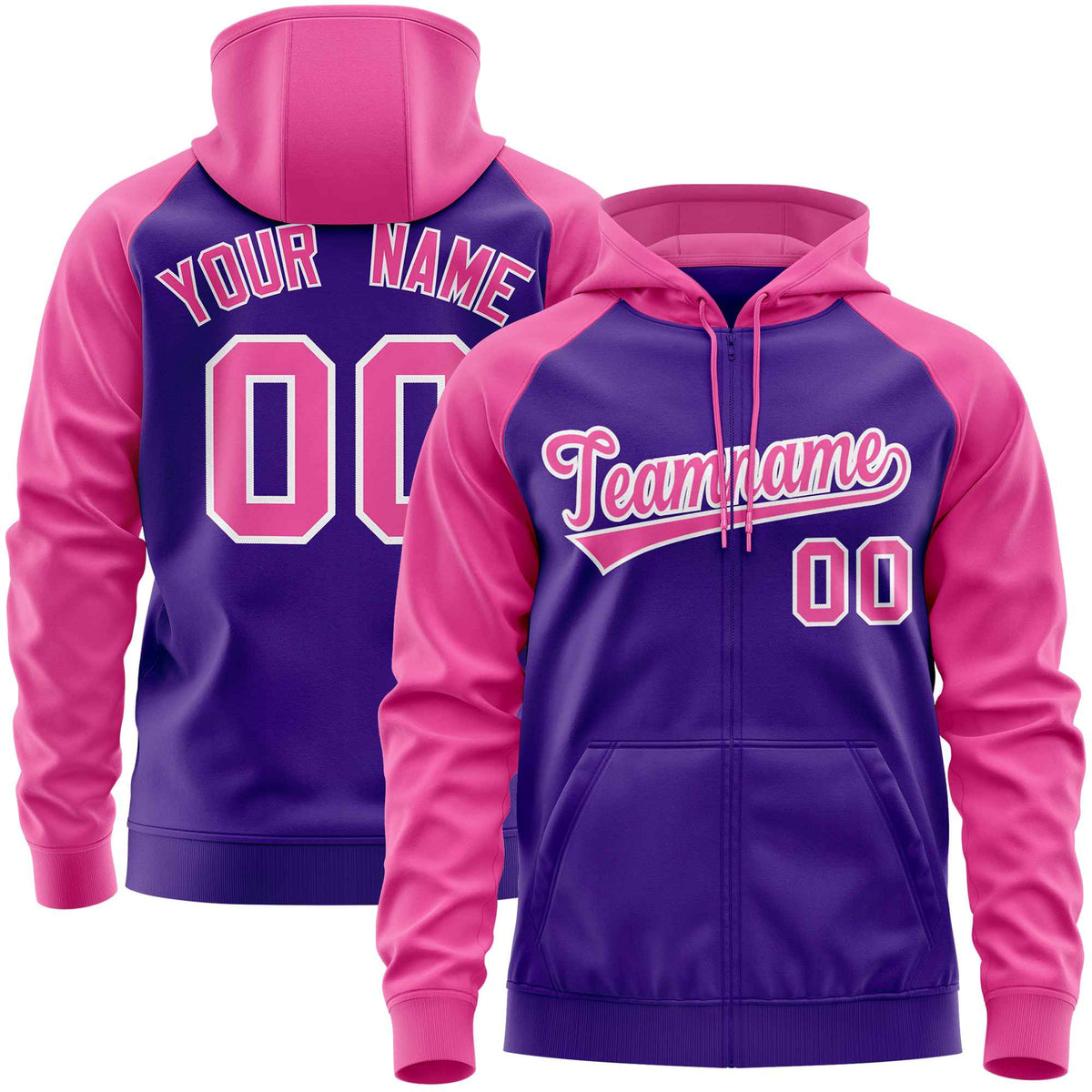 Custom Stitched Purple Pink Raglan Sleeves Sports Full-Zip Sweatshirt Hoodie| KXKSHOP