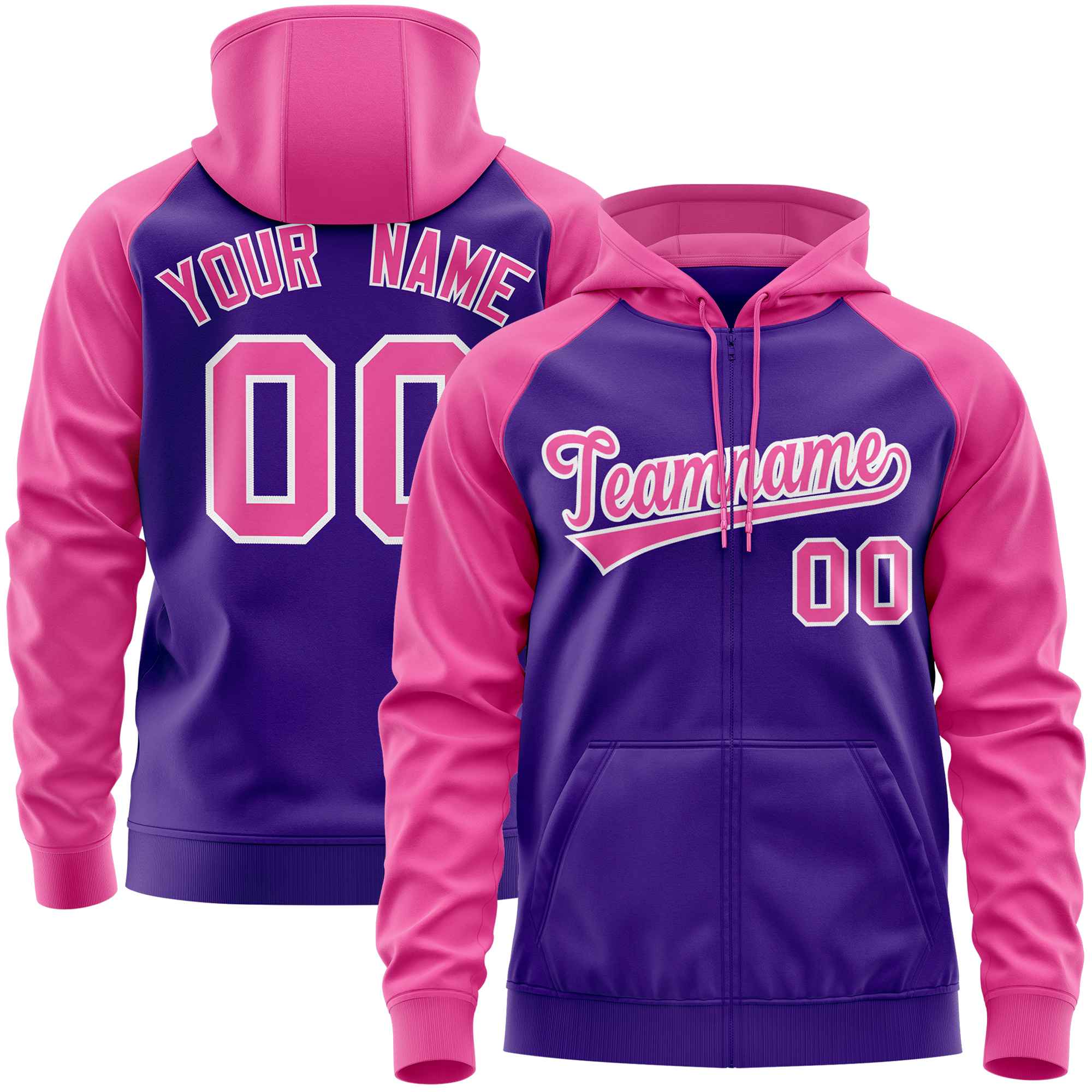 Custom Stitched Purple Pink Raglan Sleeves Sports Full-Zip Sweatshirt Hoodie| KXKSHOP