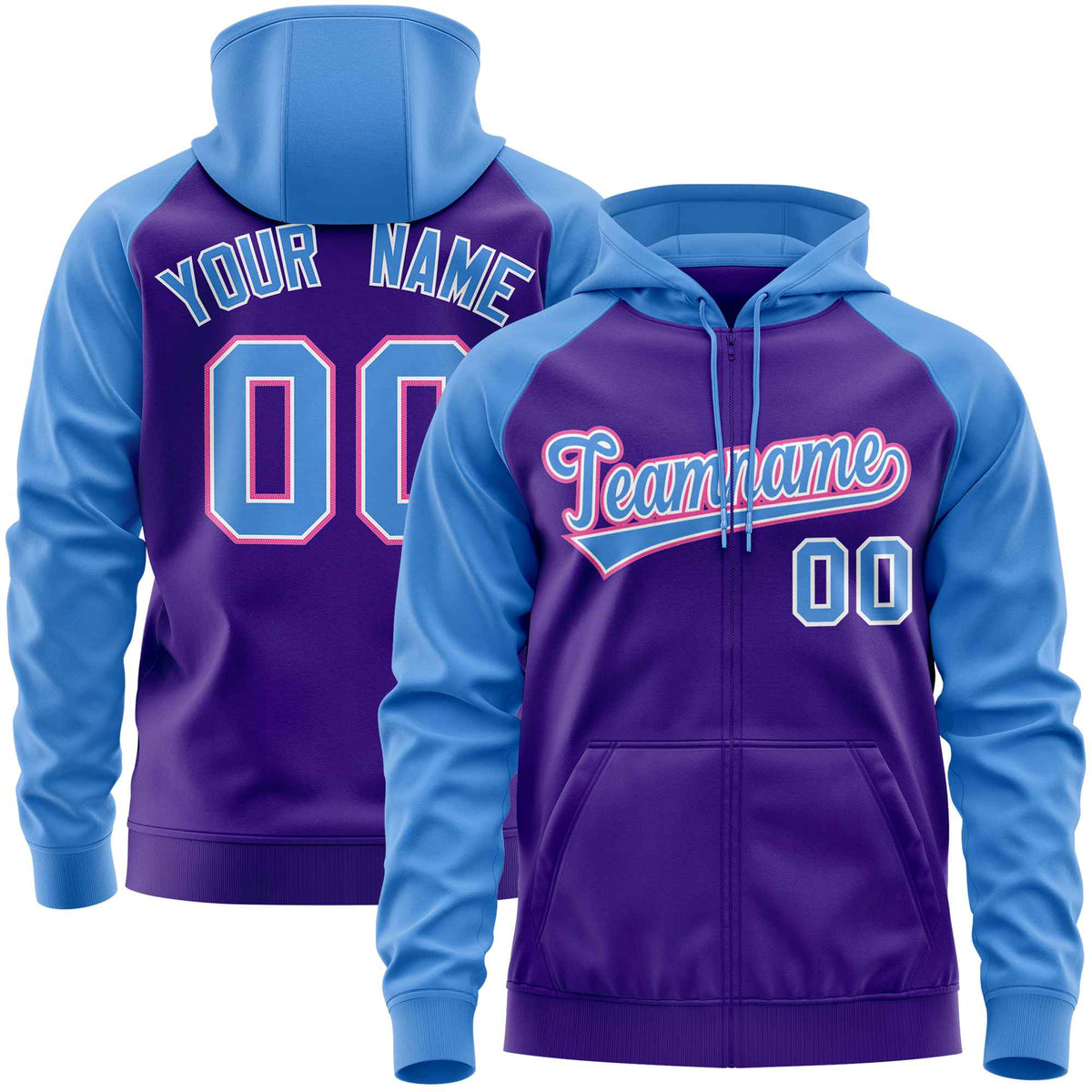 Custom Stitched Purple Powder Blue Raglan Sleeves Sports Full-Zip Sweatshirt Hoodie| KXKSHOP