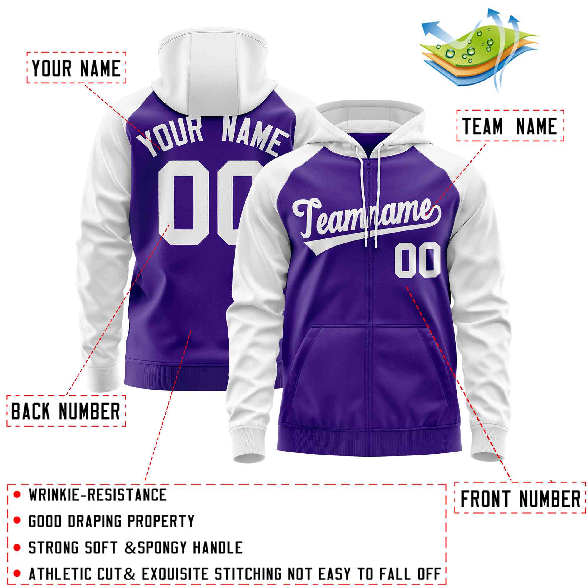Custom Stitched Purple White Raglan Sleeves Sports Full-Zip Sweatshirt Hoodie| KXKSHOP