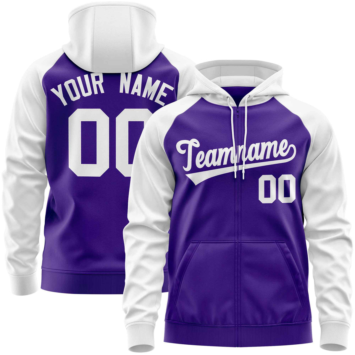 Custom Stitched Purple White Raglan Sleeves Sports Full-Zip Sweatshirt Hoodie| KXKSHOP