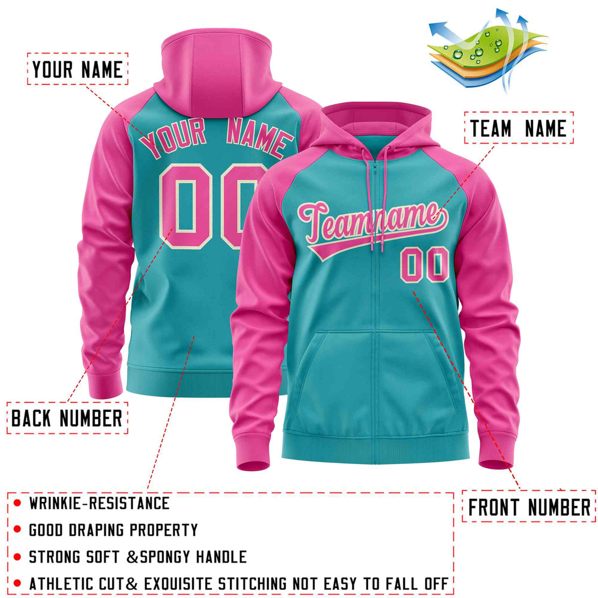 Custom Stitched Aqua Pink Raglan Sleeves Sports Full-Zip Sweatshirt Hoodie| KXKSHOP