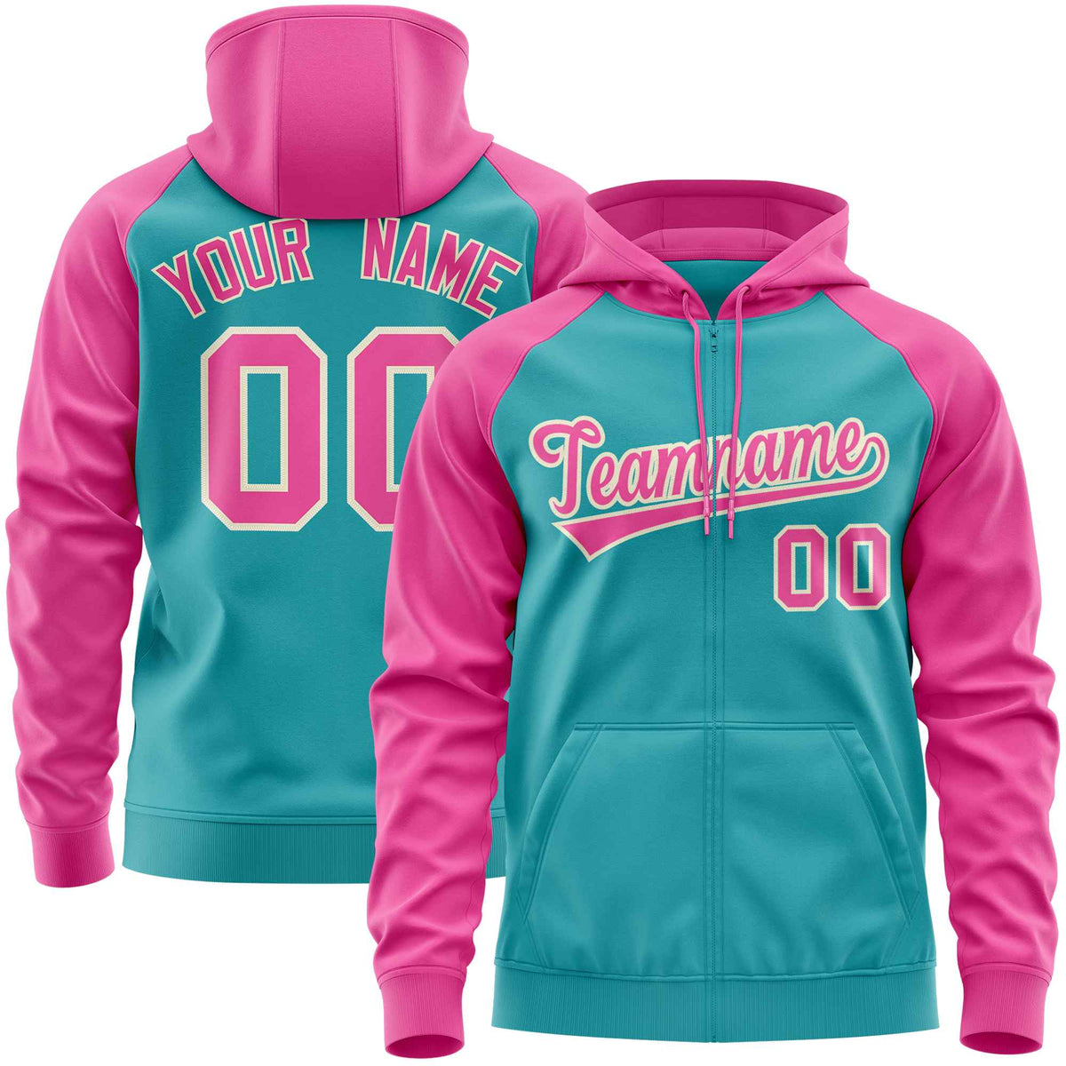 Custom Stitched Aqua Pink Raglan Sleeves Sports Full-Zip Sweatshirt Hoodie| KXKSHOP