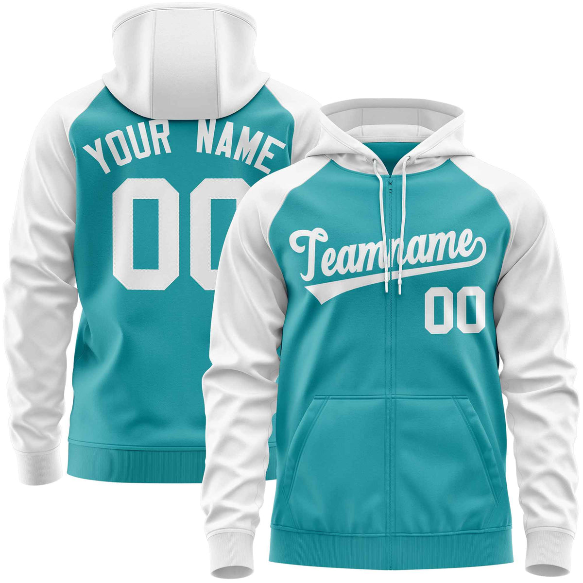 Custom Stitched Aqua White Raglan Sleeves Sports Full-Zip Sweatshirt Hoodie| KXKSHOP