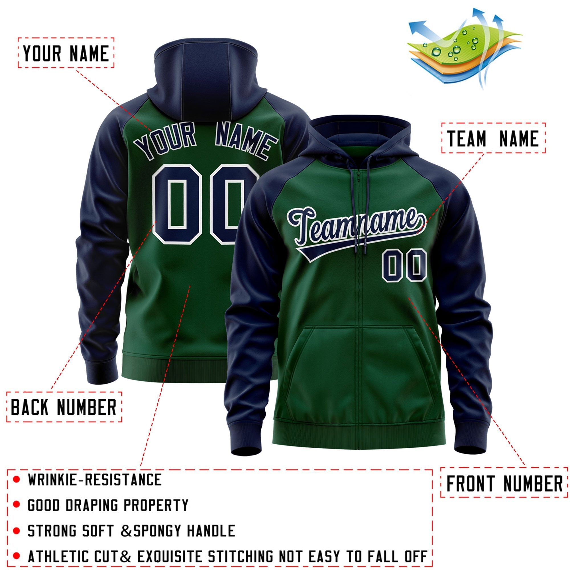 Custom Stitched Green Navy-White Raglan Sleeves Sports Full-Zip Sweatshirt Hoodie| KXKSHOP