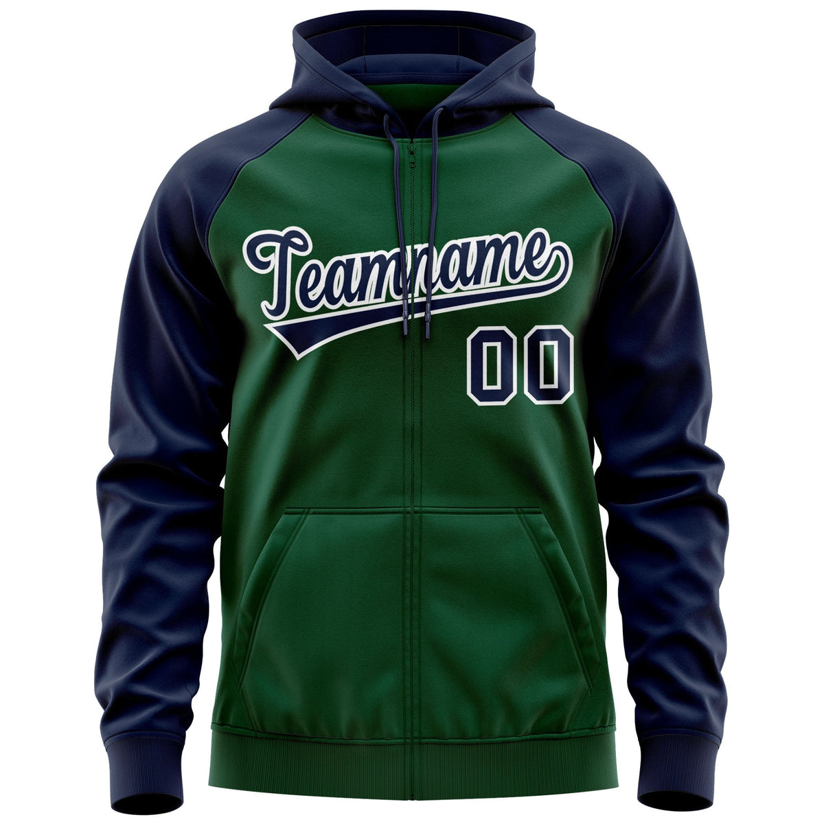 Custom Stitched Green Navy-White Raglan Sleeves Sports Full-Zip Sweatshirt Hoodie| KXKSHOP