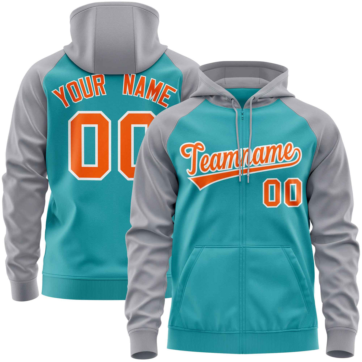 Custom Stitched Aqua Light Gray-Orange Raglan Sleeves Sports Full-Zip Sweatshirt Hoodie| KXKSHOP