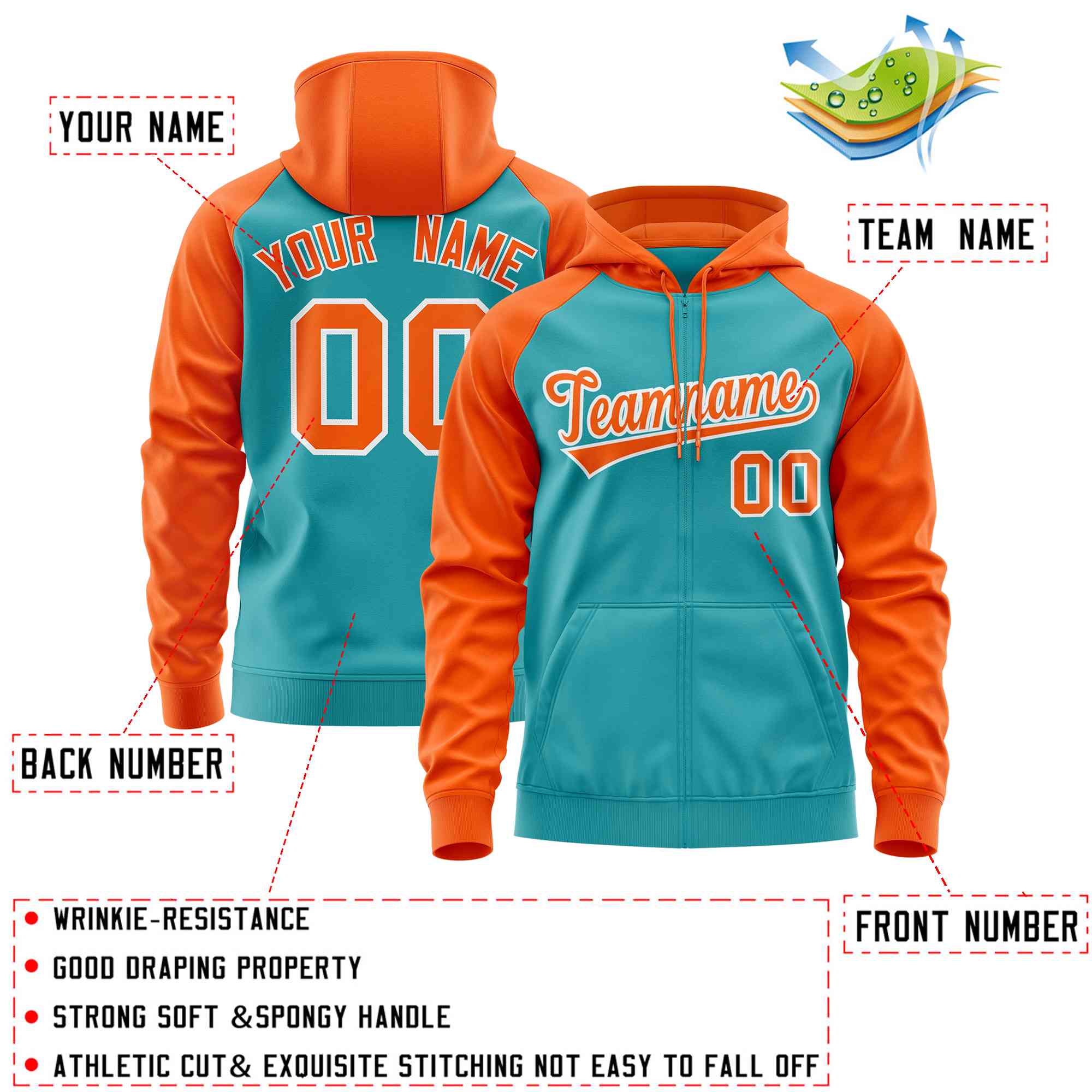 Custom Stitched Aqua Orange Raglan Sleeves Sports Full-Zip Sweatshirt Hoodie| KXKSHOP